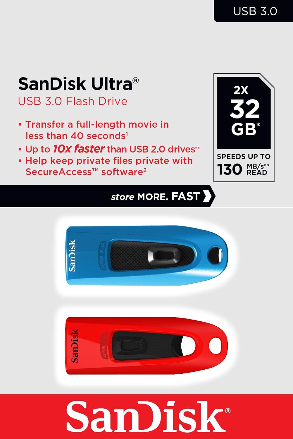 Detalle 2 de SanDisk Ultra USB 3.0 Flash-Laufwerk 32 GB (SecureAccess, Passwortschutz) Blau/Rot