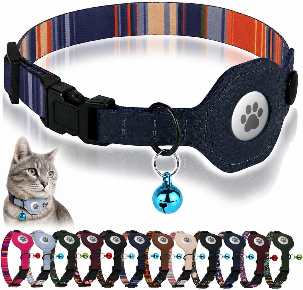 Detalle de Cat Collar with Leather AirTag Holder