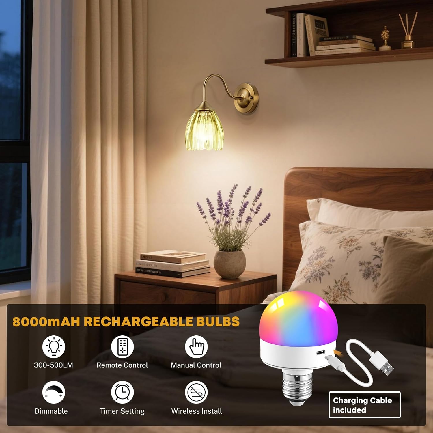 Thumbnail 1 de LumaBrite Vintage Rechargeable Wall Lights (Set of 2) with 8000mAh Battery, 12 RGB + 3 CCT, Remote Control
