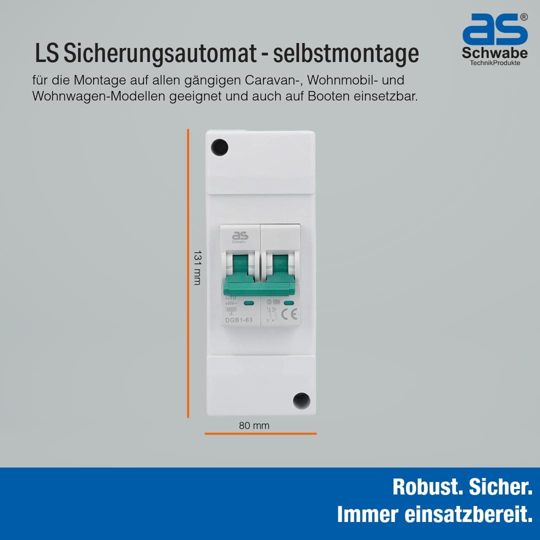 Detalle de as - Schwabe LS Sicherungsautomat C10A 2-polig, 230V/10A – Sicherungskasten für Caravan, Wohnwagen und Wohnmobil