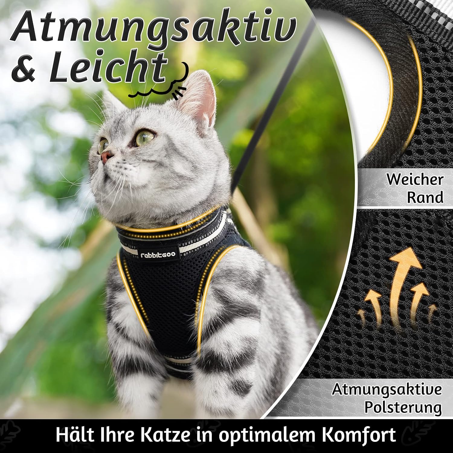 Detalle de rabbitgoo Katzengeschirr mit Leine, ausbruchsicheres Kitten-Set (S) mit reflektierenden Streifen, Schwarz