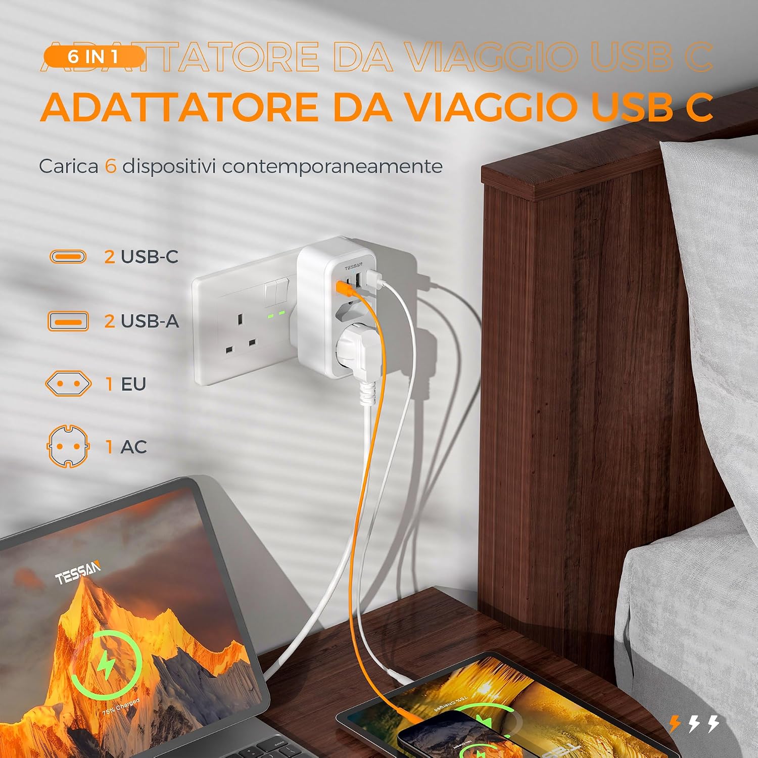 Detalle de TESSAN Adattatore Presa Inglese a Spina Italiana 6 in 1 con 2 USB-C e 2 USB-A: la soluzione compatta per viaggiatori