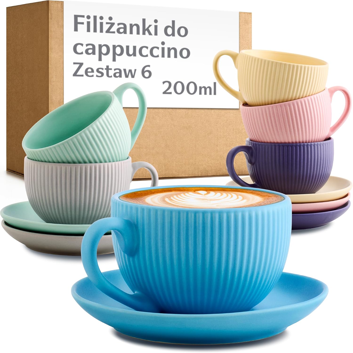 Detalle de Cosumy 7770578 filiżanki do cappuccino 200 ml, ceramiczne, matowe, w paski, ze spodkami