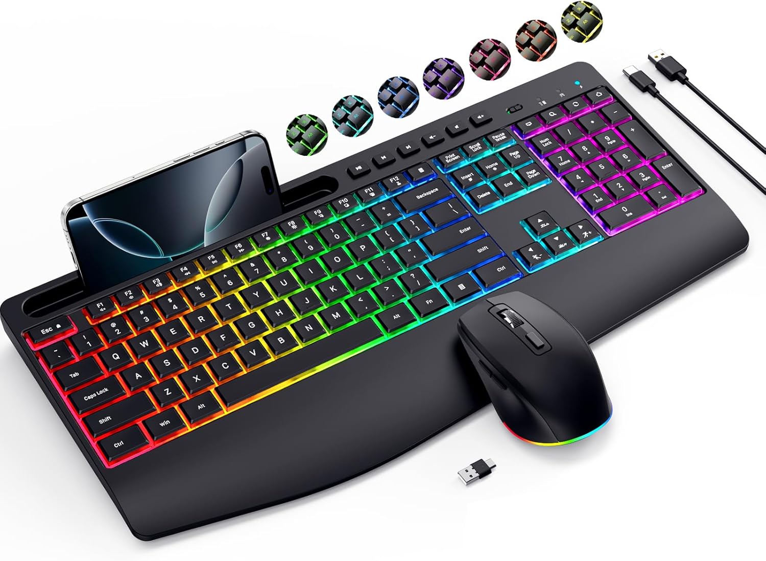 Detalle de VEILZOR 2.4G Wireless Keyboard and Mouse Combo with Phone Holder, Rechargeable + RGB Wrist Rest