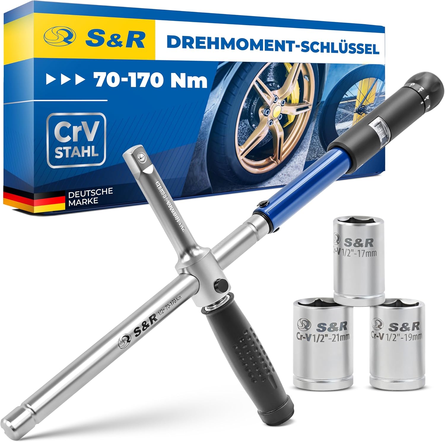 S&R Kreuz-Drehmomentschlüssel-Set 1/2 Zoll (70–170 Nm) mit 3 Stecknüssen 17/19/21 mm im Koffer