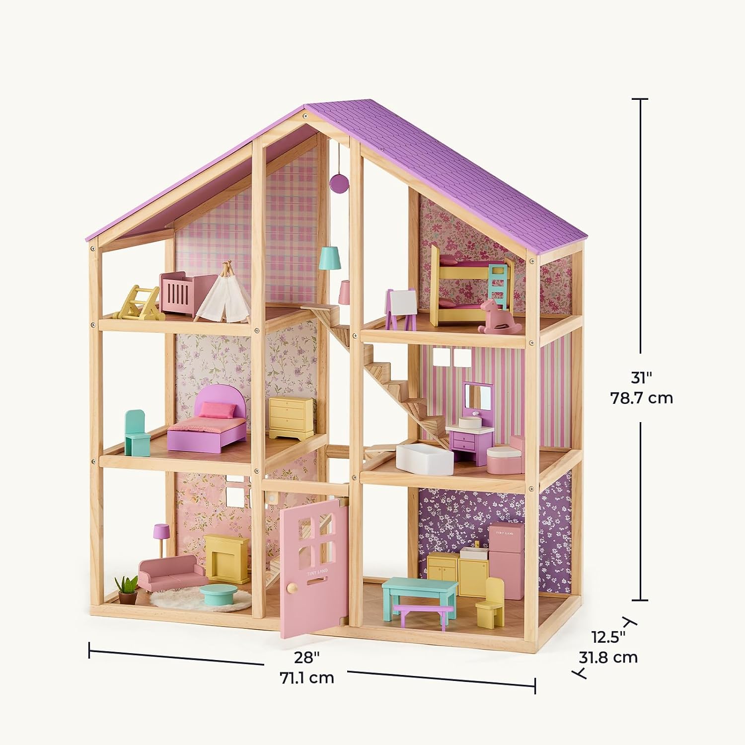 Detalle 2 de Tiny Land Wooden Dollhouse for Girls - 6 Rooms with 31-Piece Furniture Set (Unicorn Purple)
