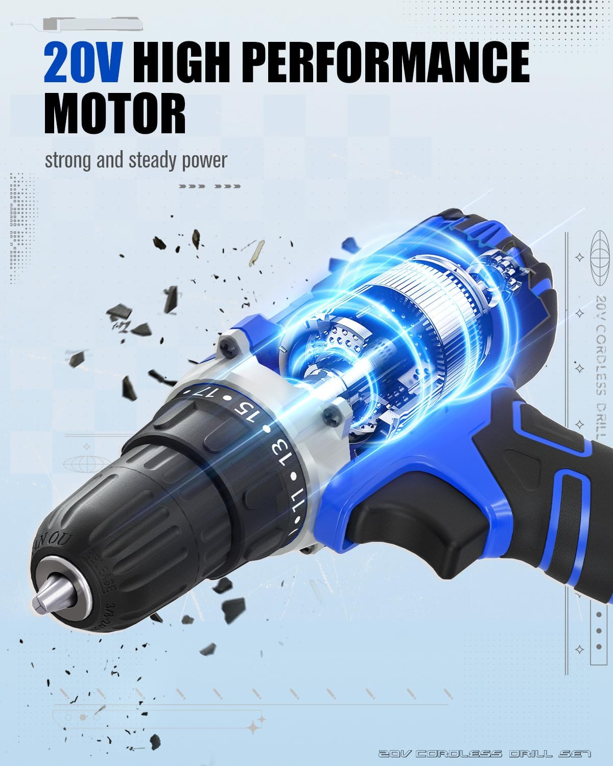 Detalle 2 de AVID POWER 20V Cordless Drill Set, 2-Speed, 3/8-Inch Keyless Chuck