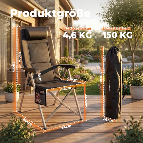 Detalle de Homecall Campingstuhl faltbar mit gepolstertem Kopfstütze Hochlehner – 150 kg belastbar