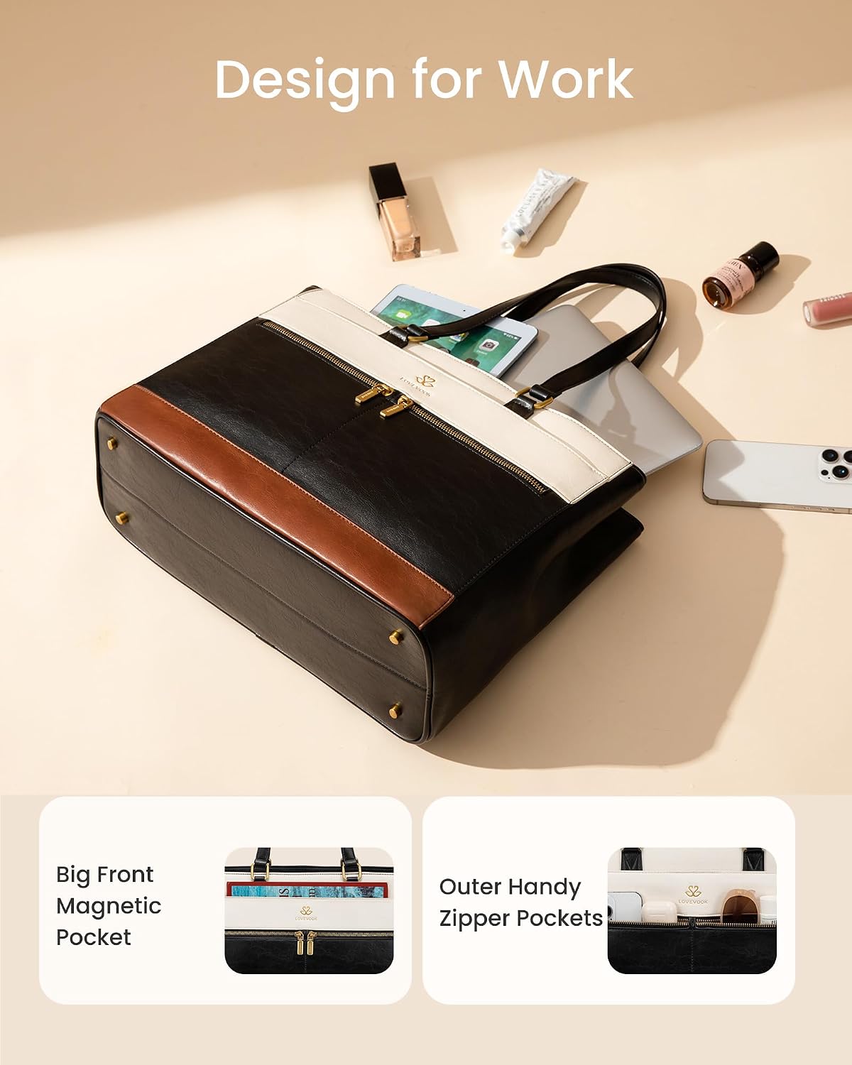 Thumbnail 2 de LOVEVOOK 17.3 Inch Laptop Tote for Women: Vintage Leather-Style Work Bag with Structured Compartments