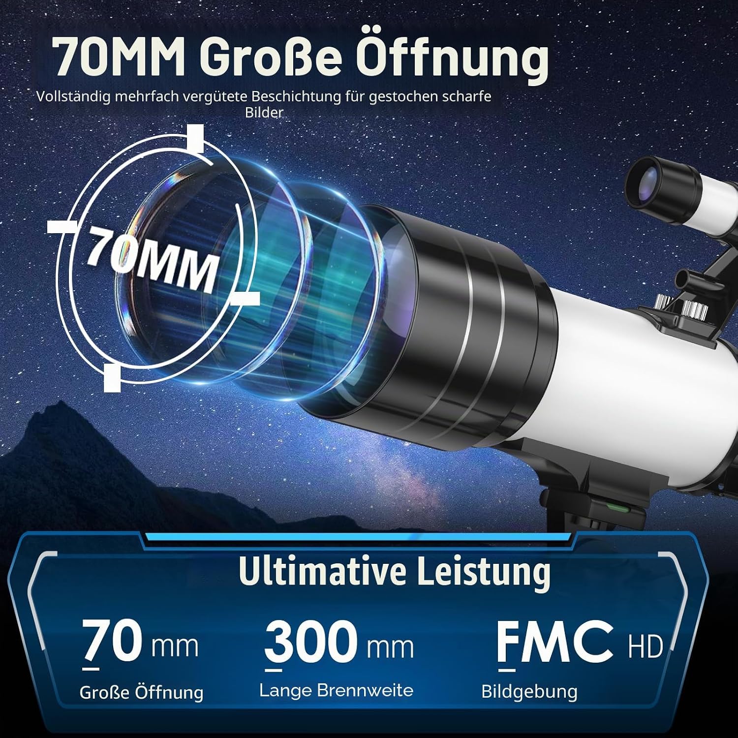 Detalle de Astronomisches Teleskop Refraktor 70/300 mm von Xyvolve – ideal für Anfänger