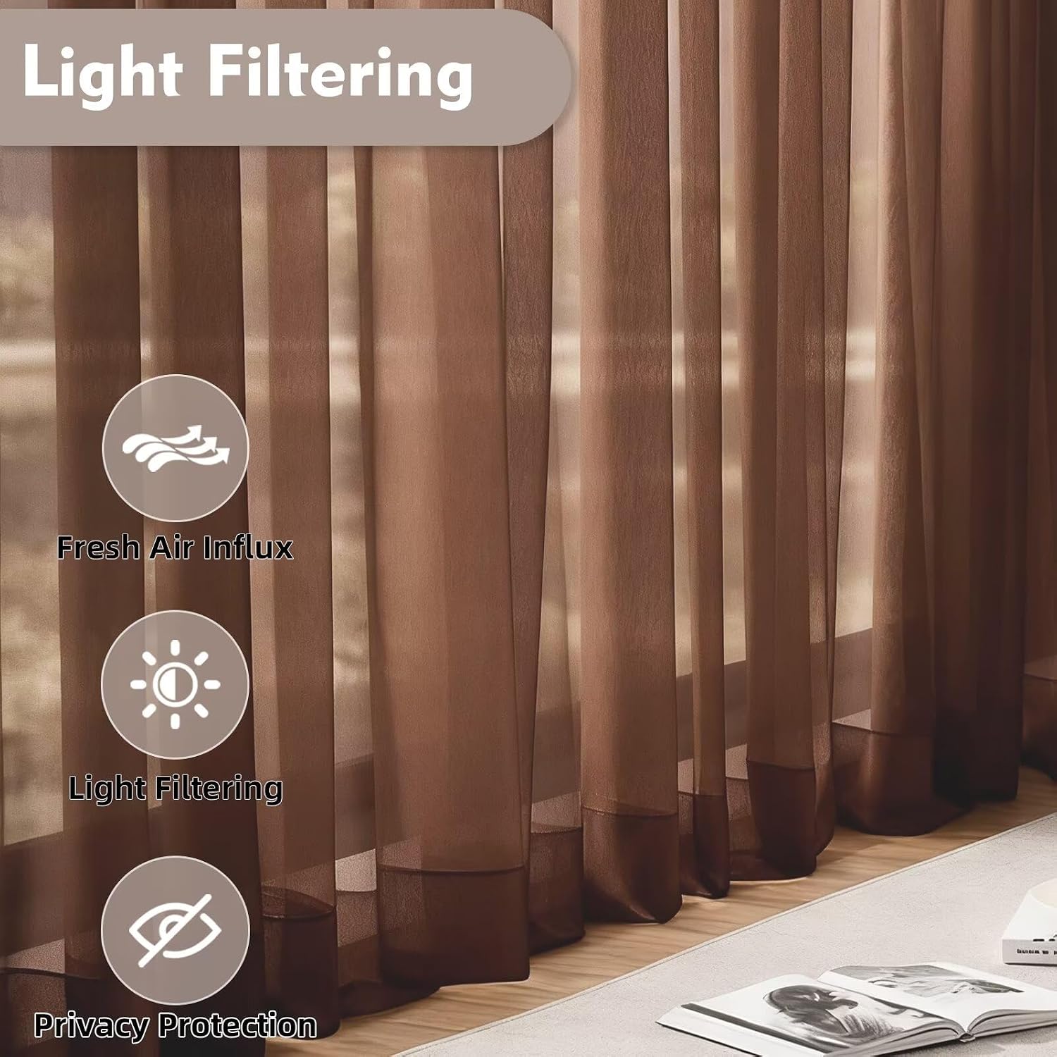 Thumbnail 2 de Zdada Mocha Slot Top Voile Curtains, 72 Drop – 2 Panels (W60xL72 Inch) for Windows