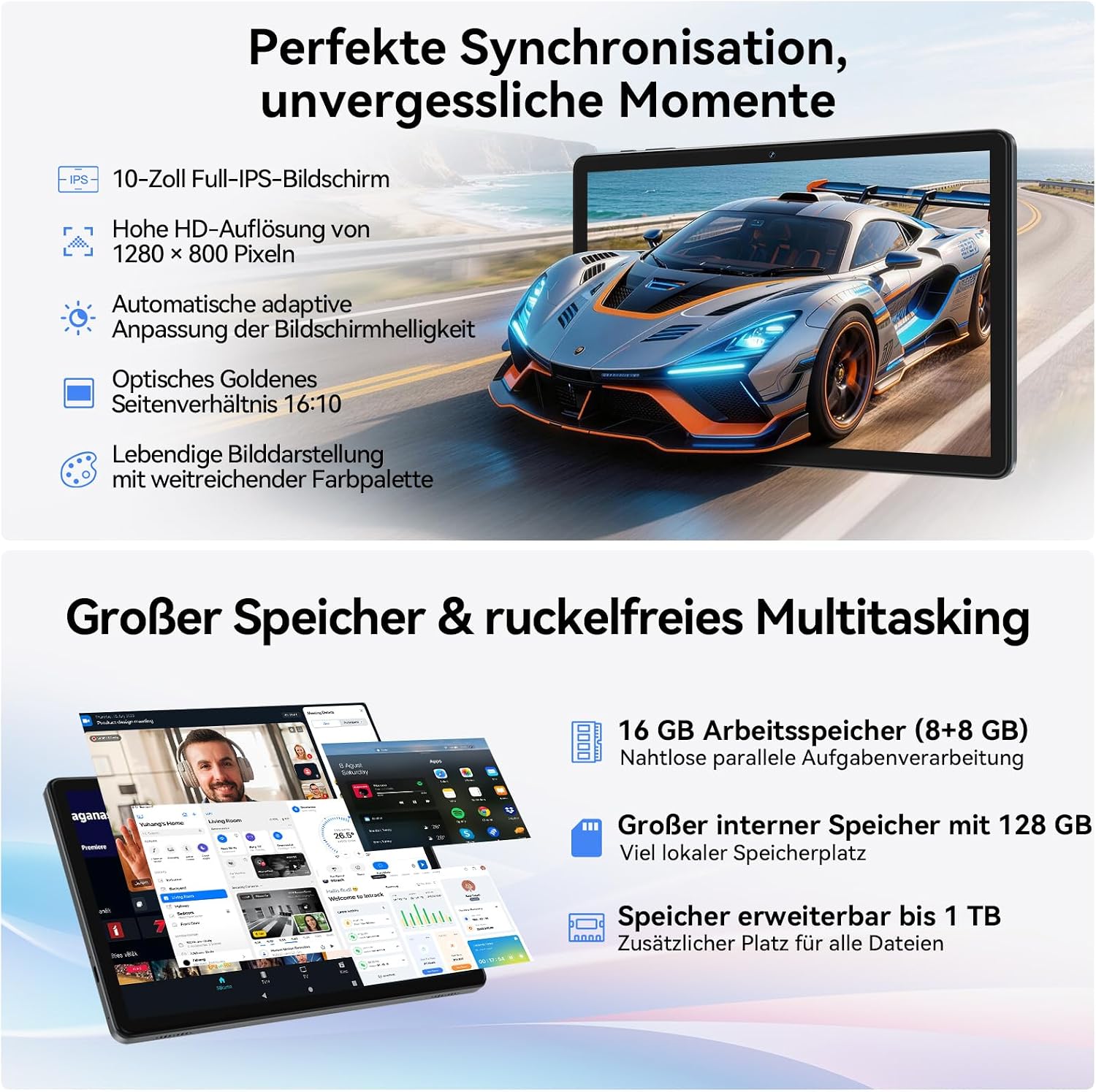 Detalle de KADYBE Tablet 10 Zoll – Android 16, 16 GB RAM, 128 GB Speicher, 9‑in‑1 Set