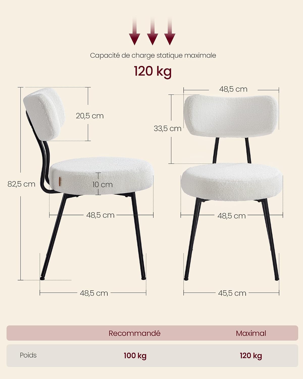 Thumbnail 1 de VASAGLE KDC110W14 : lot de 4 chaises de salle à manger rembourrées en tissu peluche