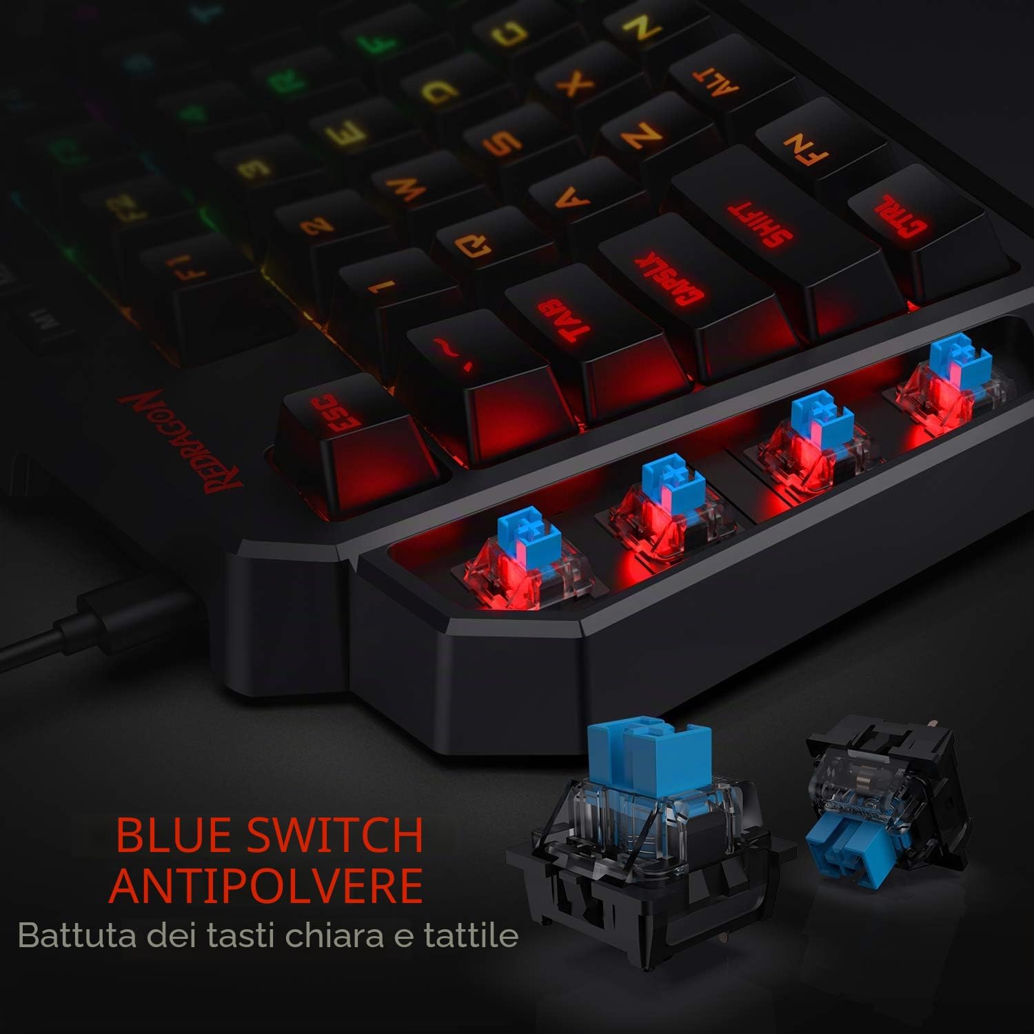 Thumbnail 3 de Redragon K585 DITI: tastiera meccanica RGB a una mano cablata USB-C con 7 tasti macro e poggiapolsi staccabile
