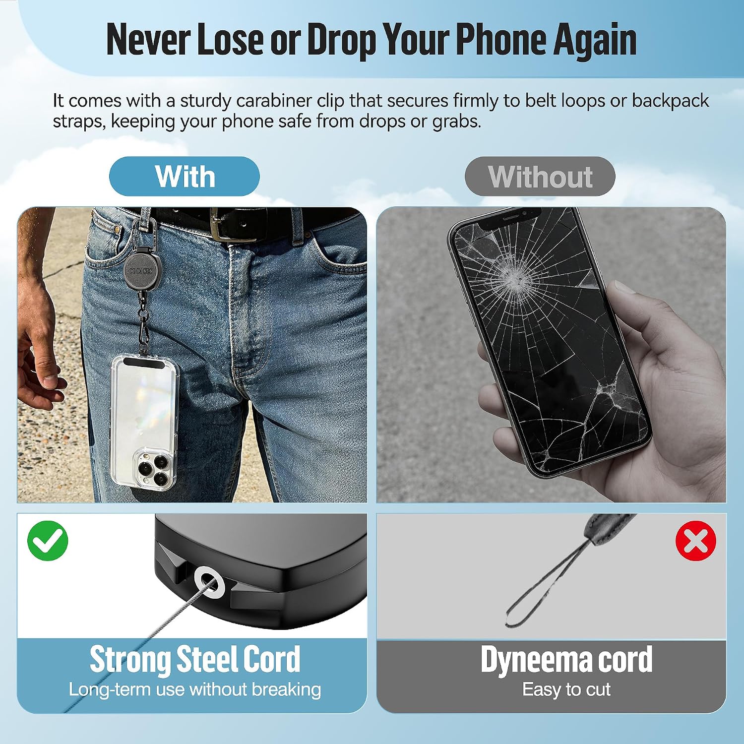 Detalle de COCASES 2 Pack Retractable Phone Lanyard: Anti-Theft 360° Clip with Steel Line & Quick-Release Options