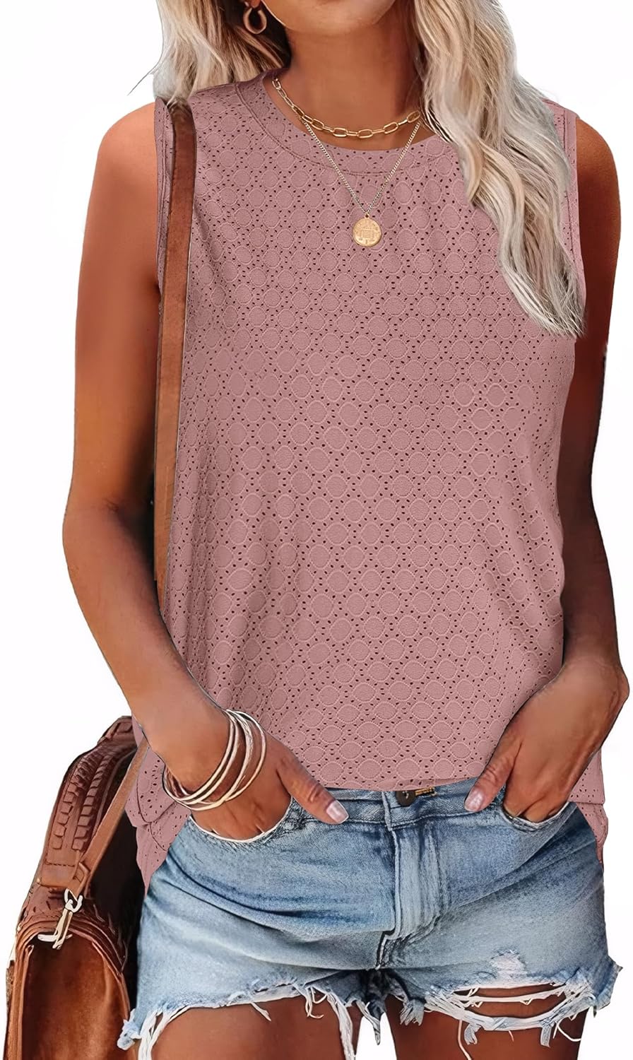 Detalle de Sampeel Women’s Eyelet Loose Crew Neck Tank Tops (Sleeveless Summer Shirts)