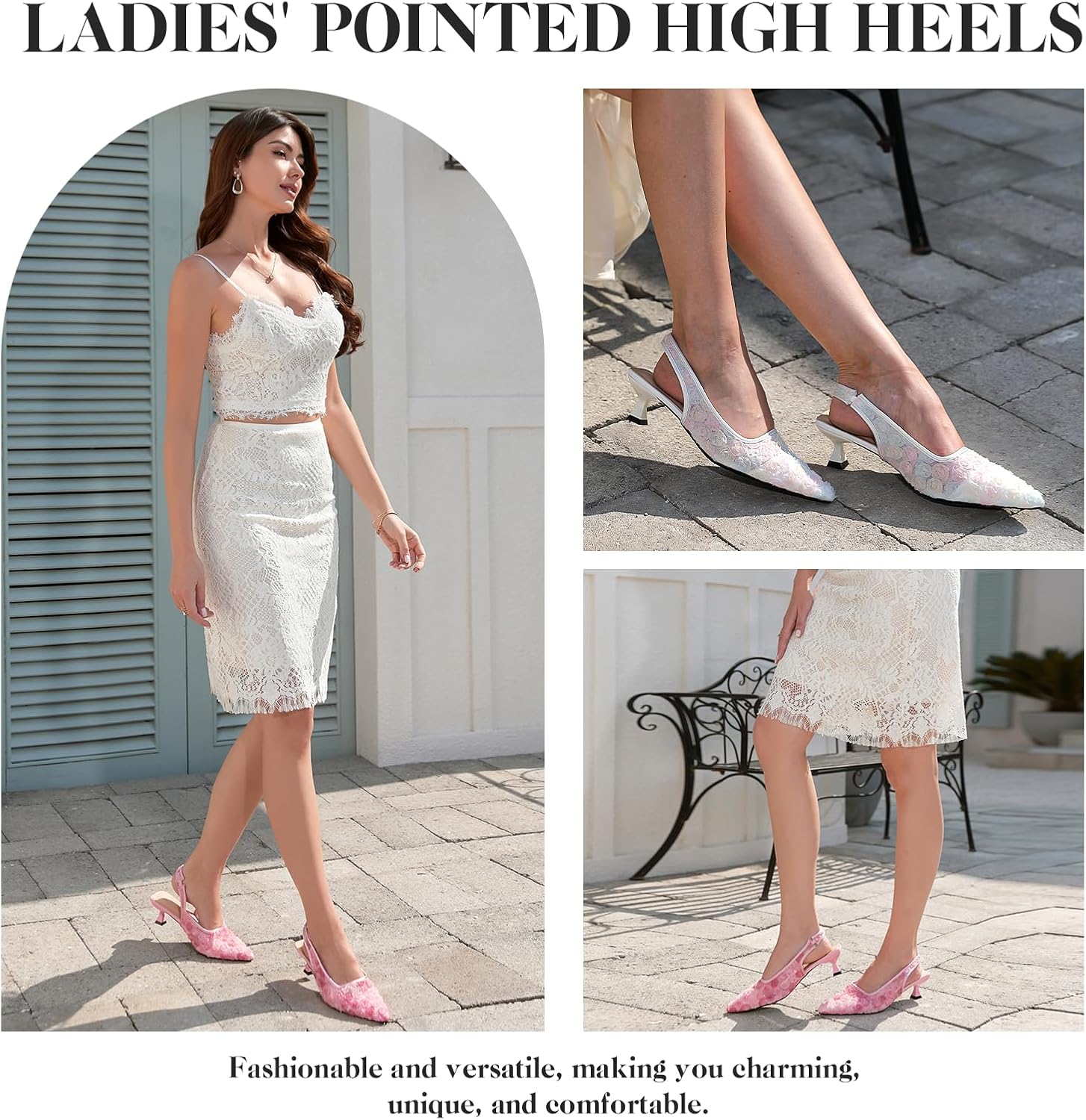 Detalle 2 de Elegant Lace Kitten Heels for Women – Slingback Pointed Toe Floral Mesh Dress Shoes