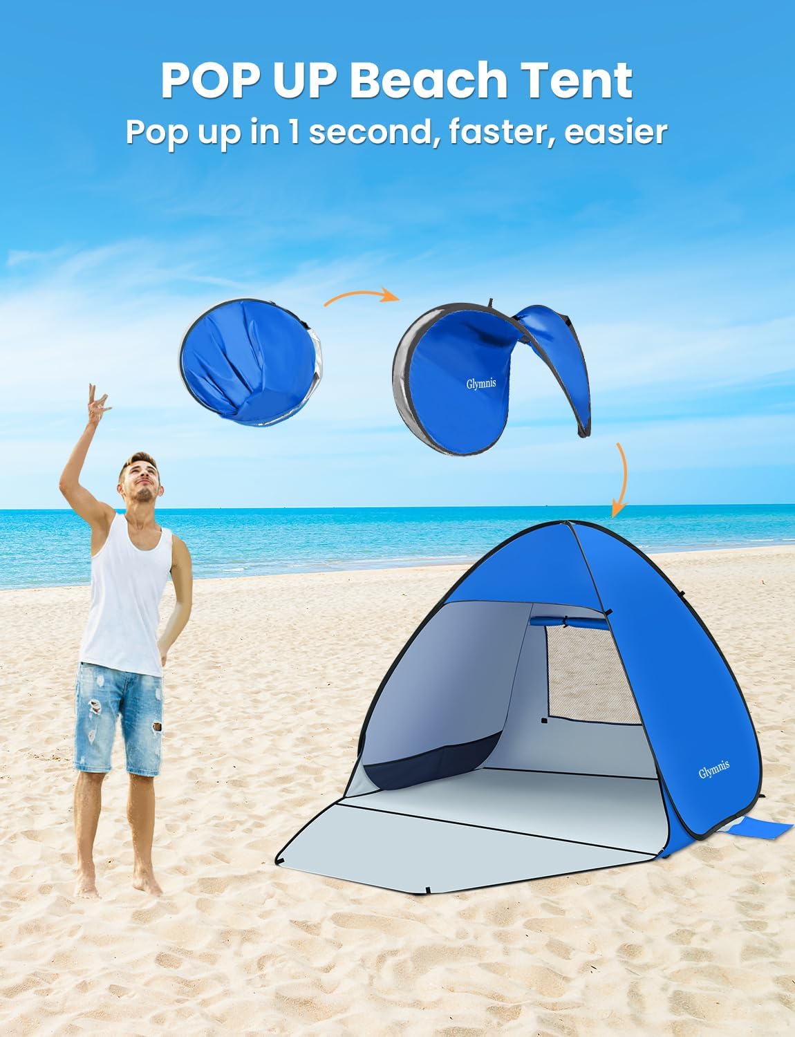 Thumbnail 3 de Glymnis Pop Up Beach Tent (Small for 1–2 / Large for 3–4) with UPF 50+ and Zipper Porch