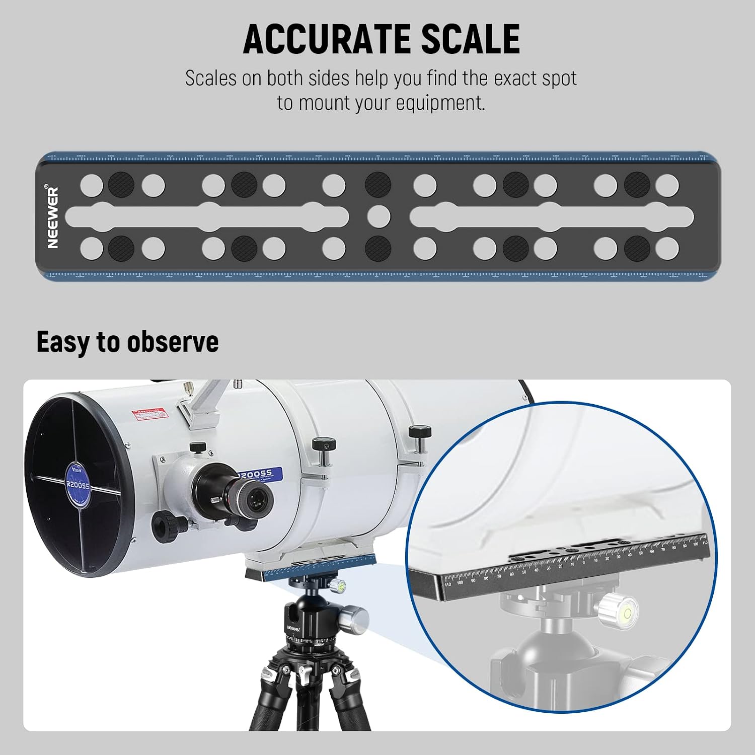 Detalle 2 de NEEWER Barra di guida 230mm con piastra a coda di rondine stile Vixen e attacco metallo per telescopio/OTA QR003