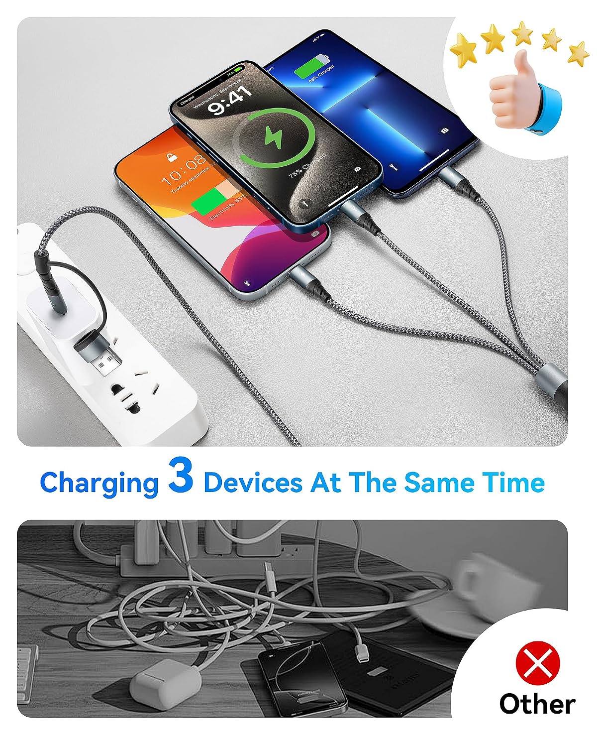 Detalle 2 de Miger 5 in 1 Multi-Ladekabel: 1,2 m, USB-A/USB-C, 6 Anschlusskombinationen, 3A Schnellladung