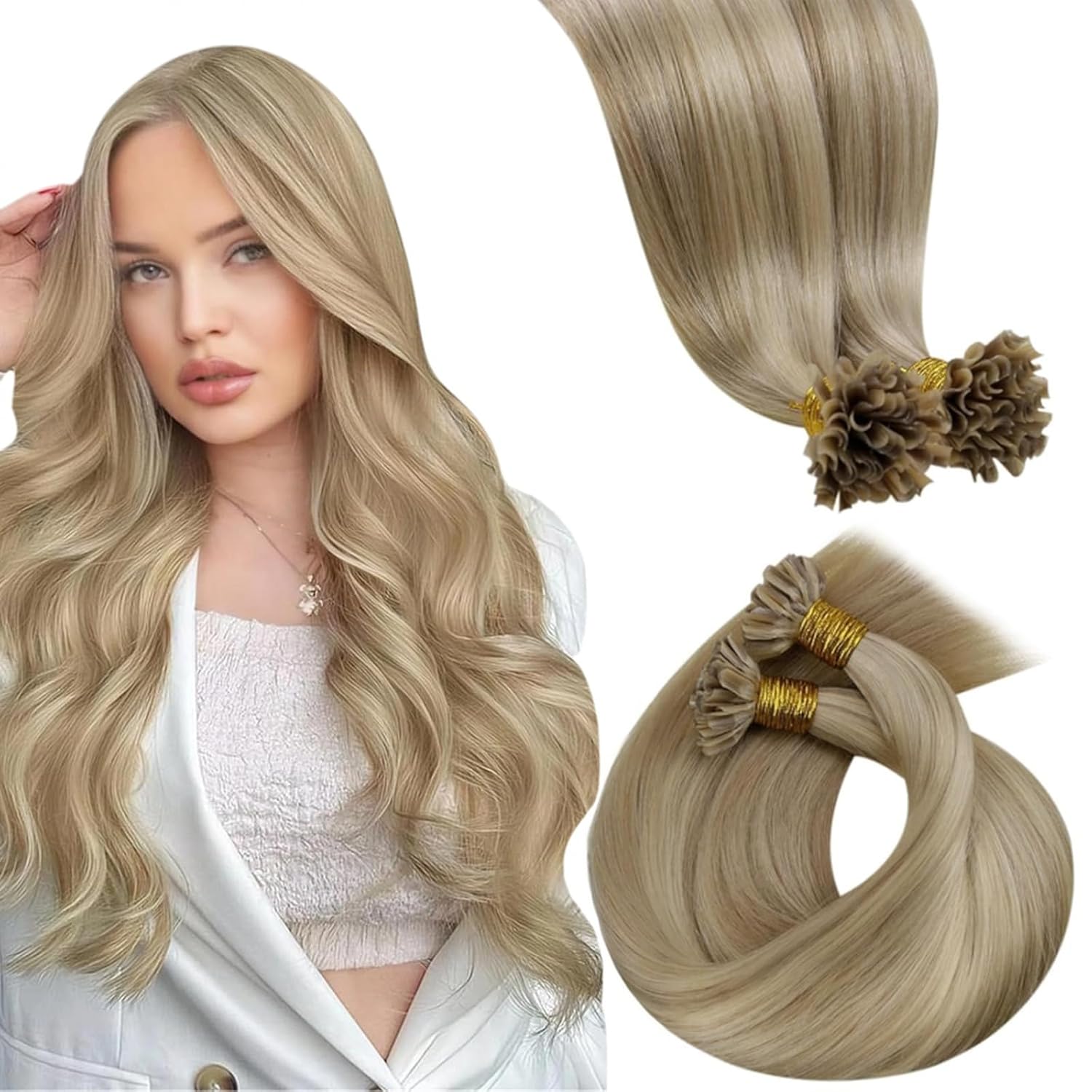 Detalle de LaaVoo Haarverlängerung Echthaar Keratin Blond Platinblond 40 cm, 50 g, 50 Strähnen