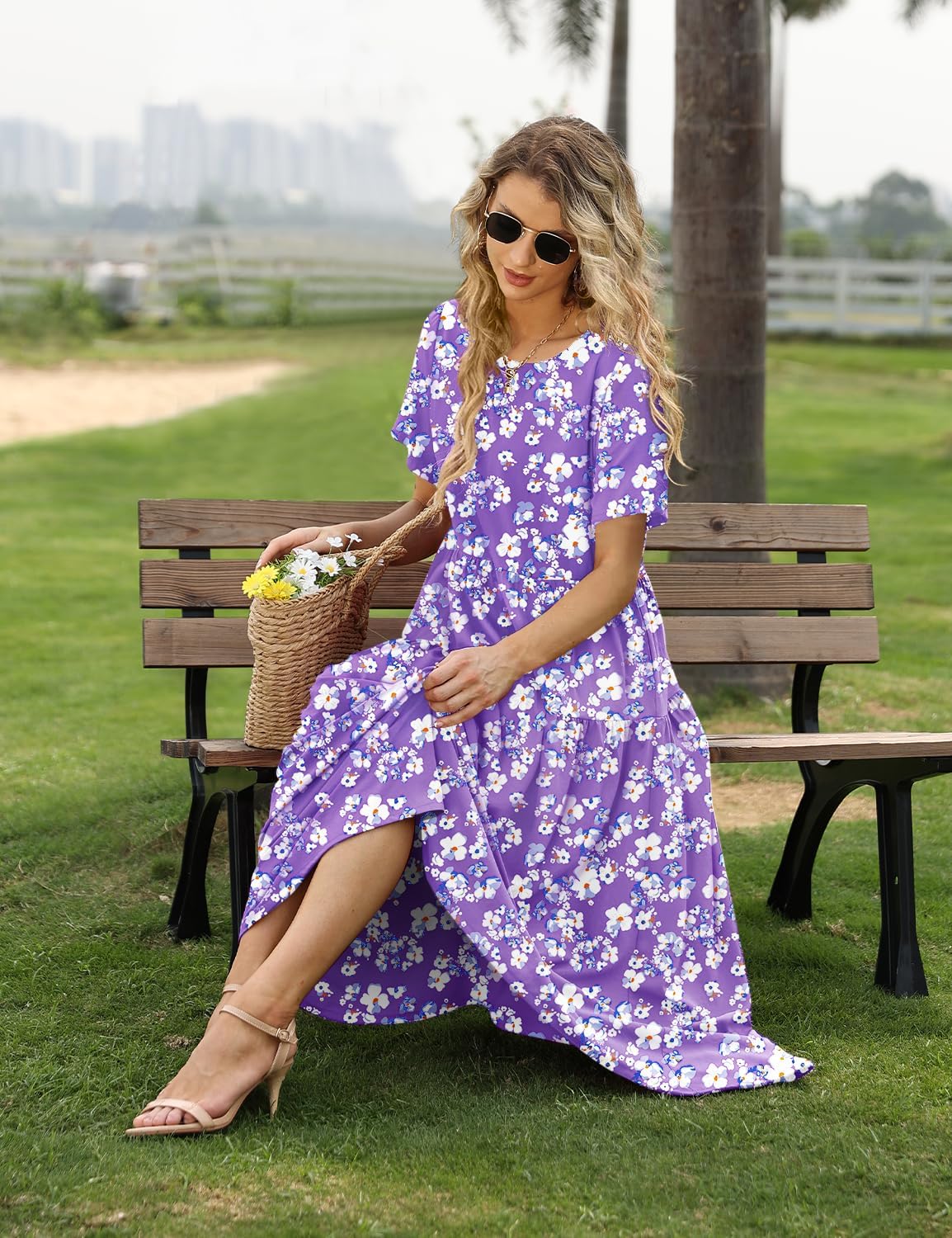Thumbnail 1 de YESNO Damen Kleider Freizeit Lose Sommerkleid – Maxikleid Boho mit Blumenprint, Rundhals, Strandlook