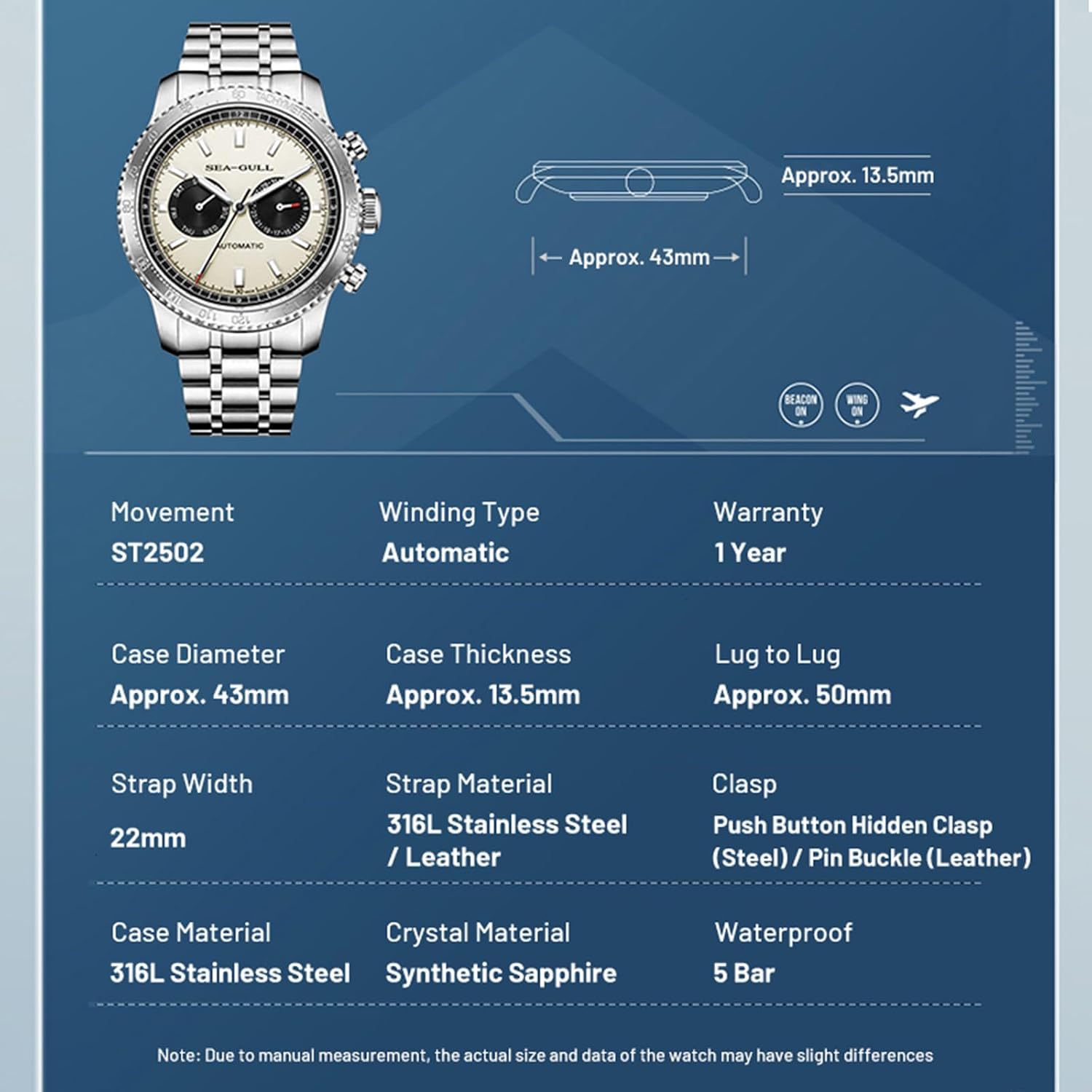 Detalle de Sea Gull GMT 6177 montre automatique 43 mm