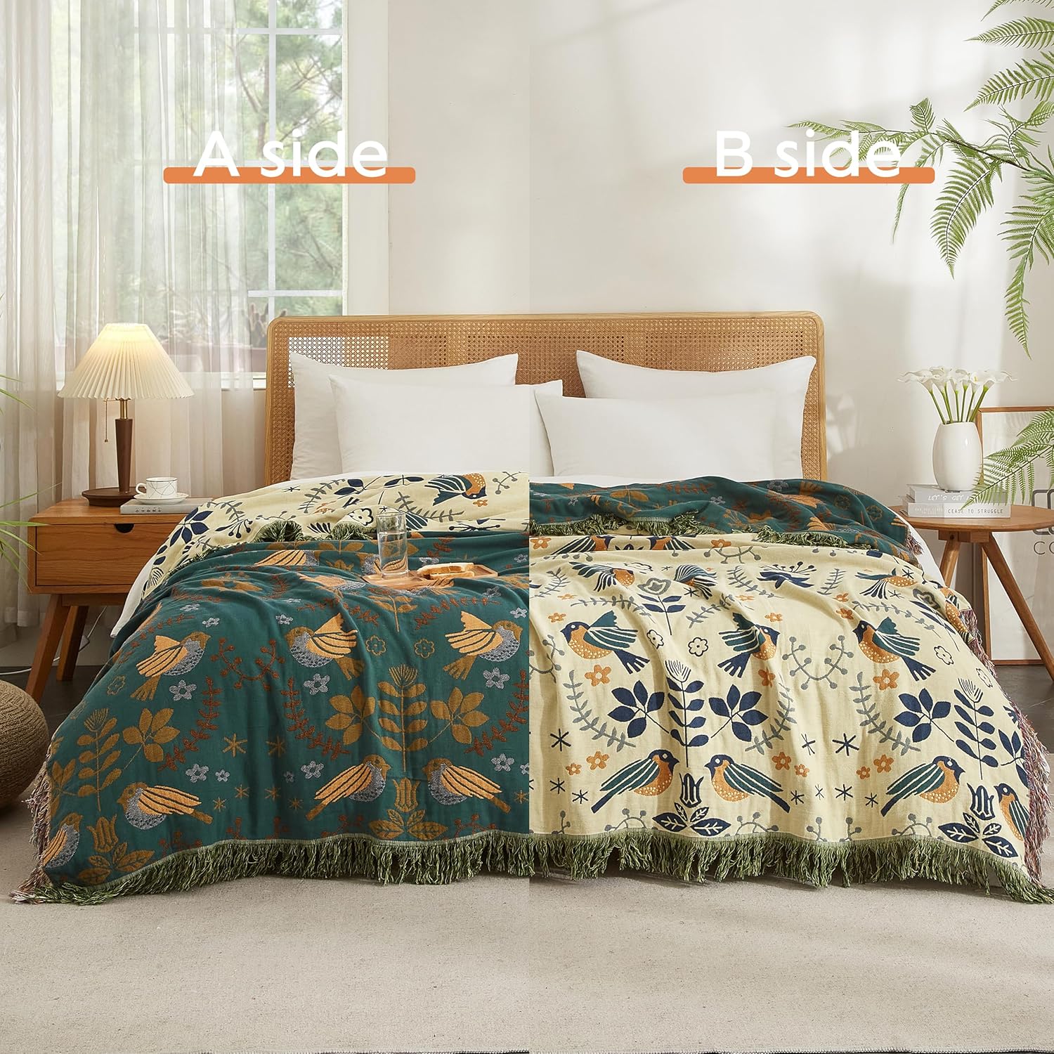 Detalle 2 de SE SOFTEXLY Boho Cotton Throw Blanket, 4-Layer Muslin, 60” x 80”