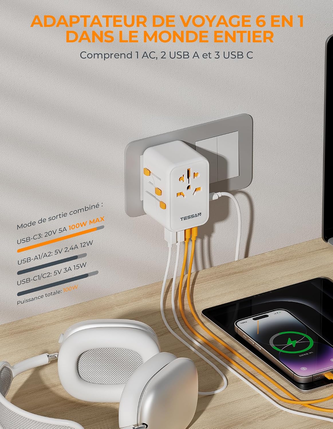 Thumbnail 2 de TESSAN GaN Adaptateur universel 100W 🔌