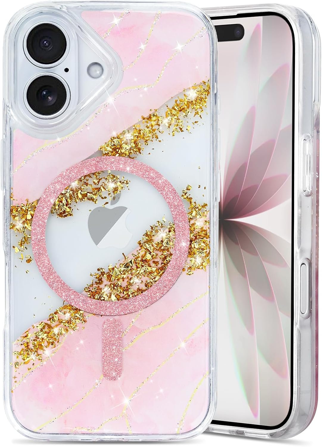 Detalle de Teayoha iPhone 17 Glitter Case with MagSafe Ring, Pink Marble and Gold Foil