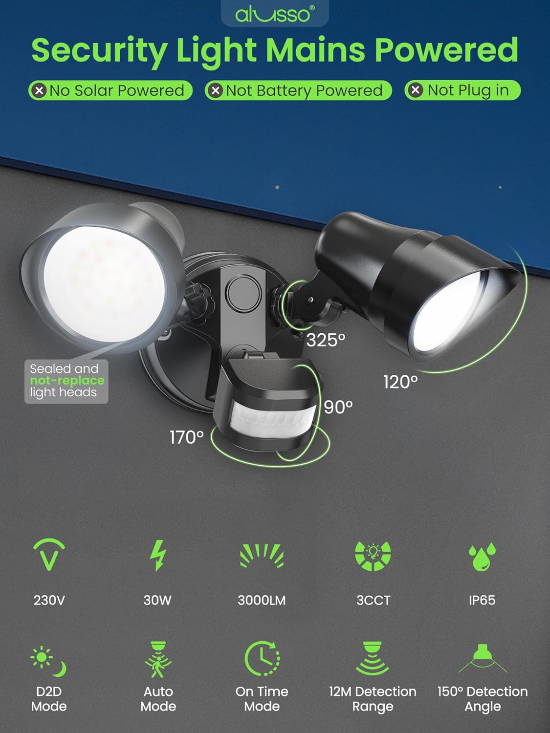 Detalle de ALUSSO 30W LED Security Light with Motion Sensor (2 Heads, 3CCT, IP65)