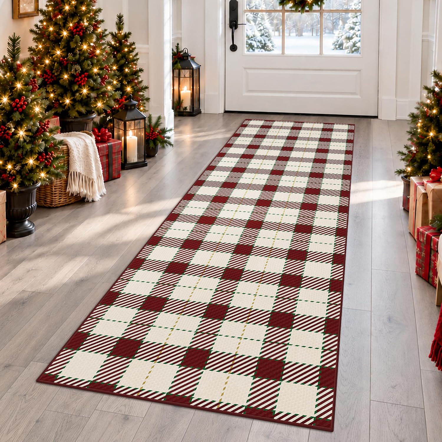 Detalle de JTJ RUG-101-WHITERED 2' x 6' Christmas Runner Rug, Washable Plaid
