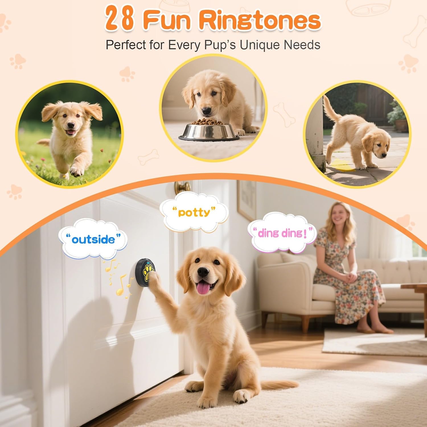 Thumbnail 6 de ChunHee Dog Bell for Puppy Toilet Training (0–115dB, Adjustable Volume) with 28 Ringtones, Black/Yellow – 1 Pack