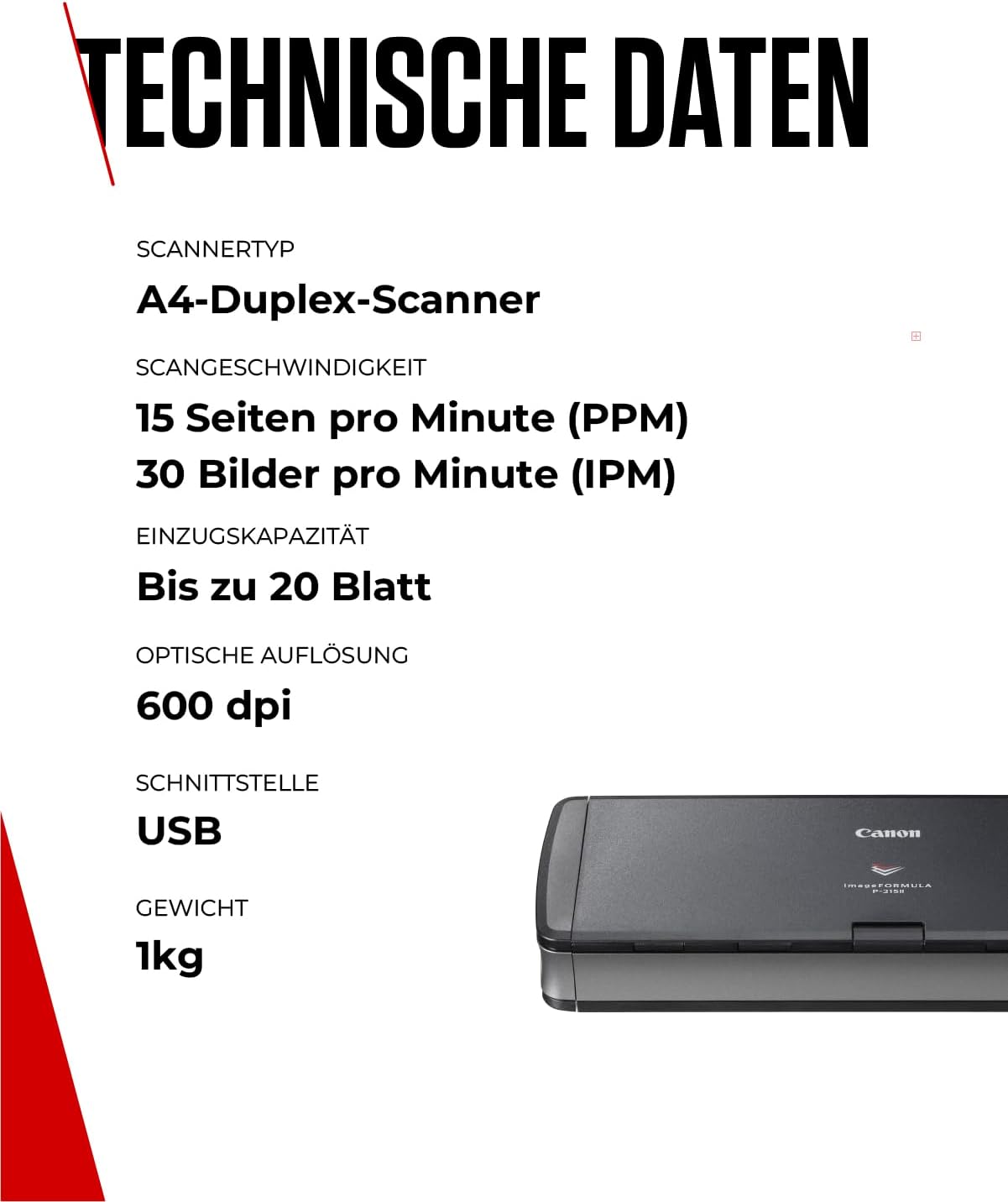 Detalle de Canon imageFORMULA P-215II Scanner – Mobiler Duplex-Dokumentenscanner mit 15 Seit/min (DIN A4) und USB-Stromversorgung