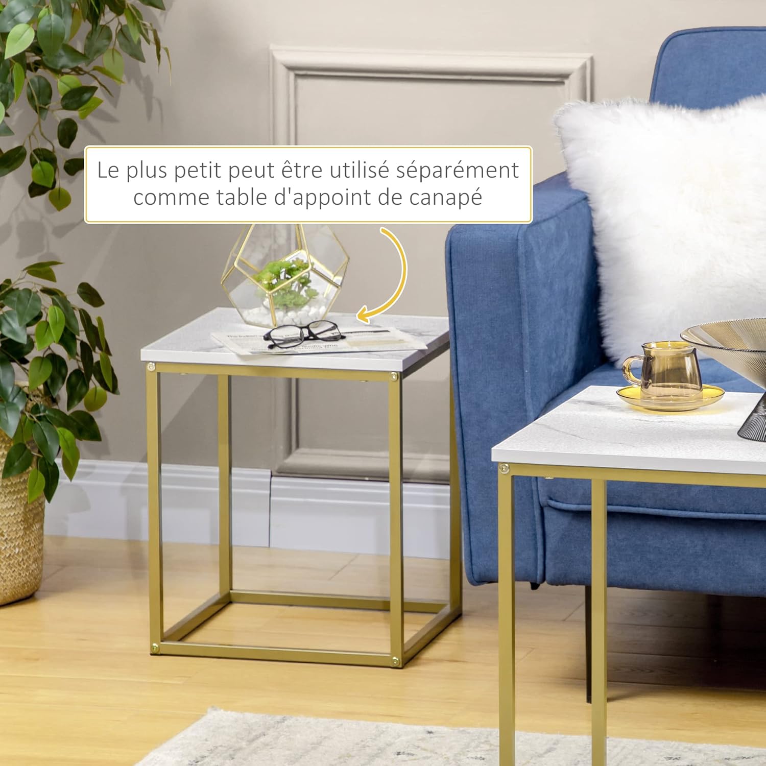 Detalle de HOMCOM Lot de 2 tables basses gigognes avec plateau blanc effet marbre et piétement acier doré