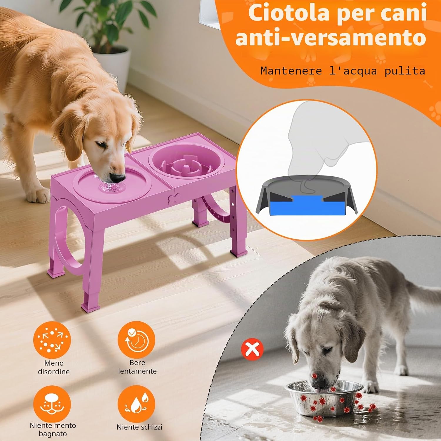 Detalle de X XBEN 3-in-1 Ciotole per Cani Rialzate con 5 Altezze Regolabile, 1L + 1,4L – Rosa
