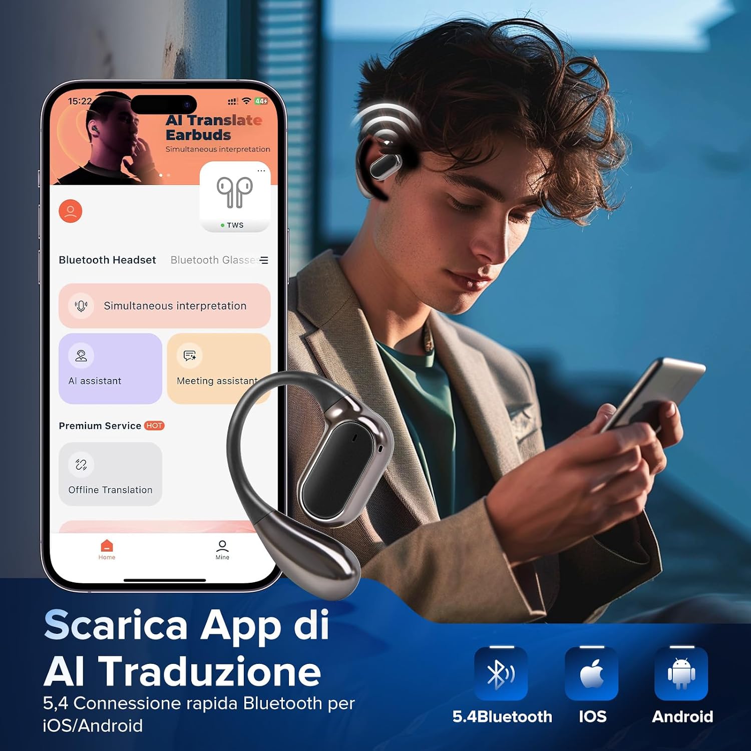 Detalle de Cuffie Traduttore con Traduzione Simultanea a 145 Lingue – Auricolari Bluetooth 5.4 con ANC e AI integrata