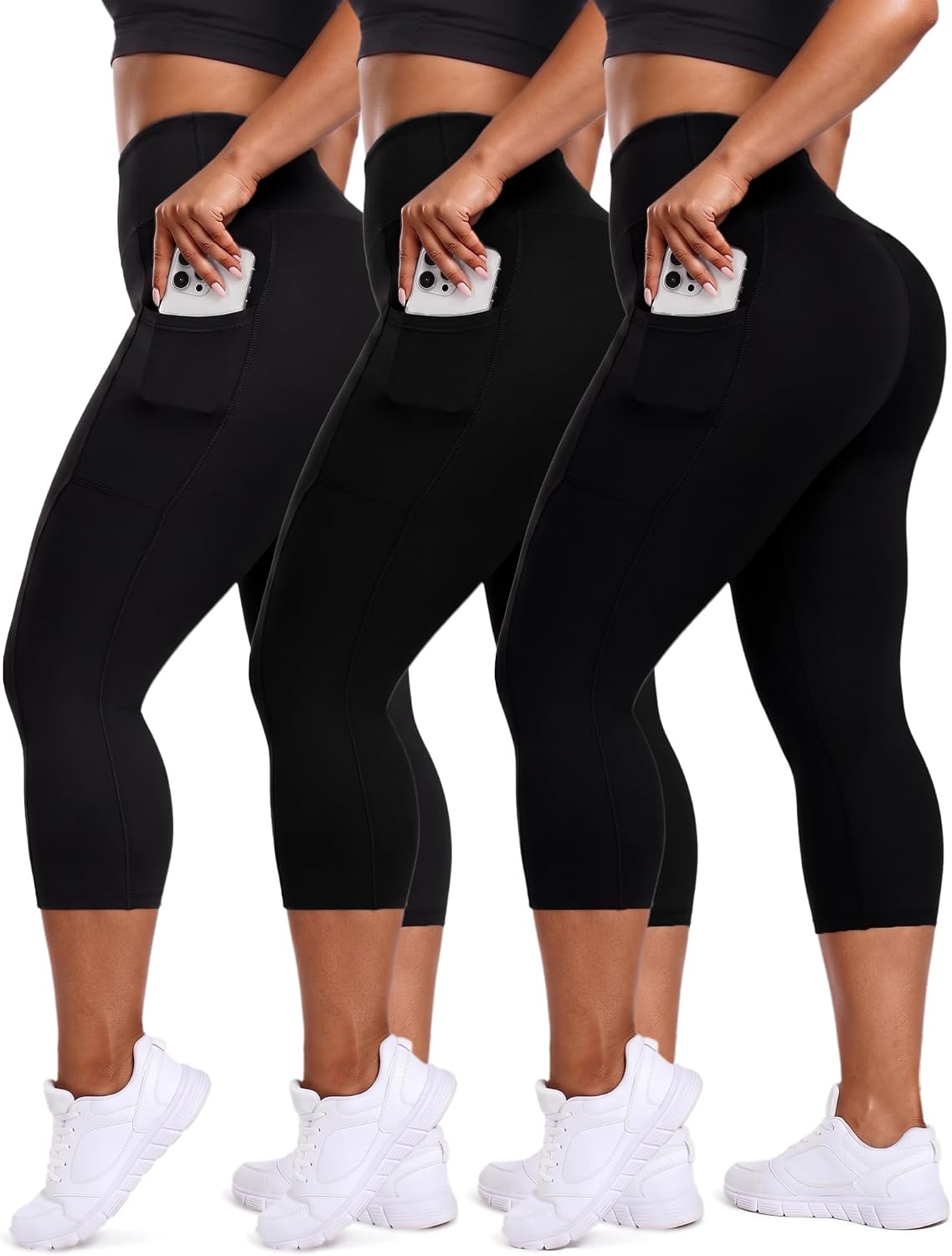 Detalle de HLTPRO 3 Pack Plus Size Leggings with Pockets – High-Waisted, Soft Yoga Pants for Women