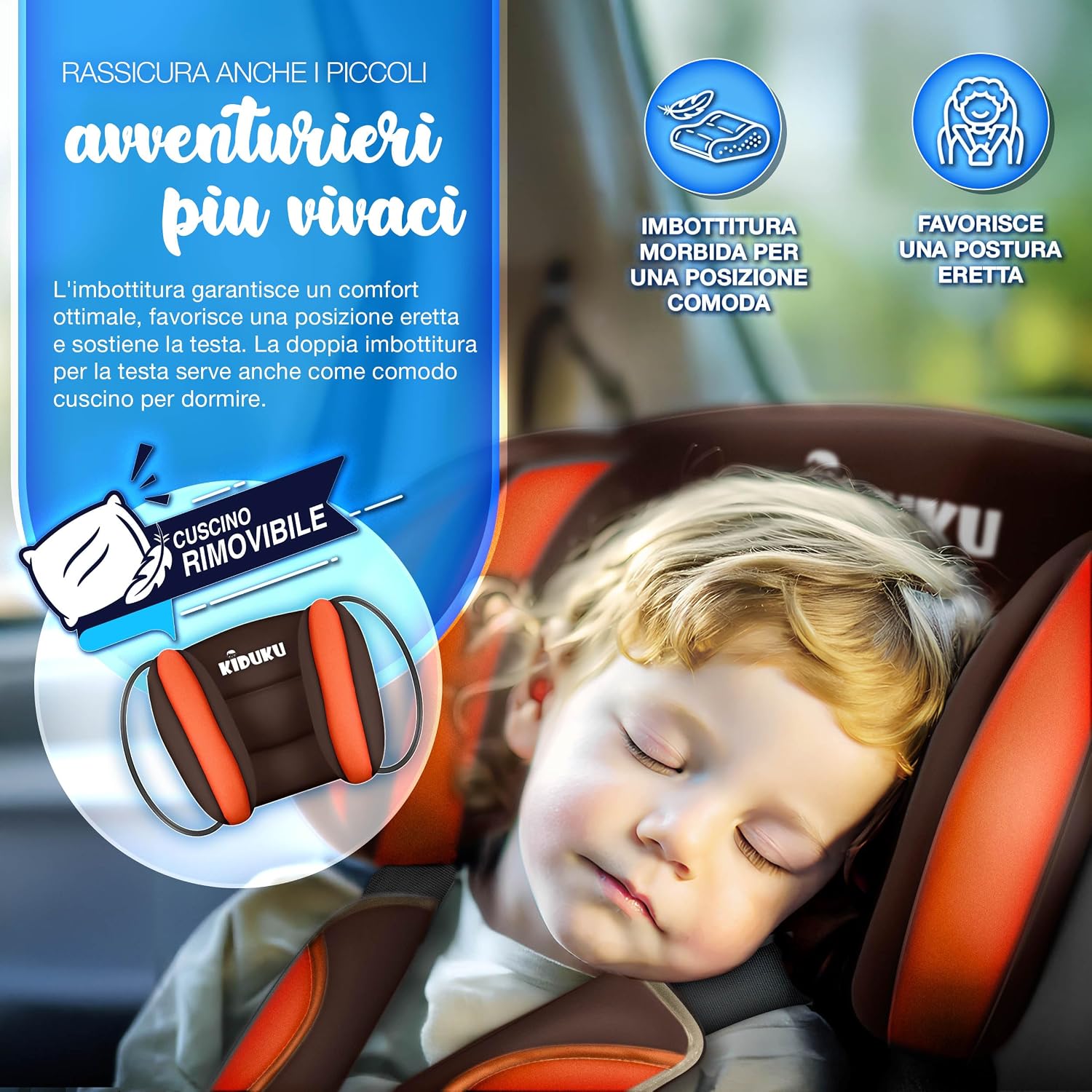 Detalle de KIDUKU seggiolino auto con coprisedile ECE R129/03 9-36 kg (1-12 anni) gruppo 1+2+3 marrone/arancione