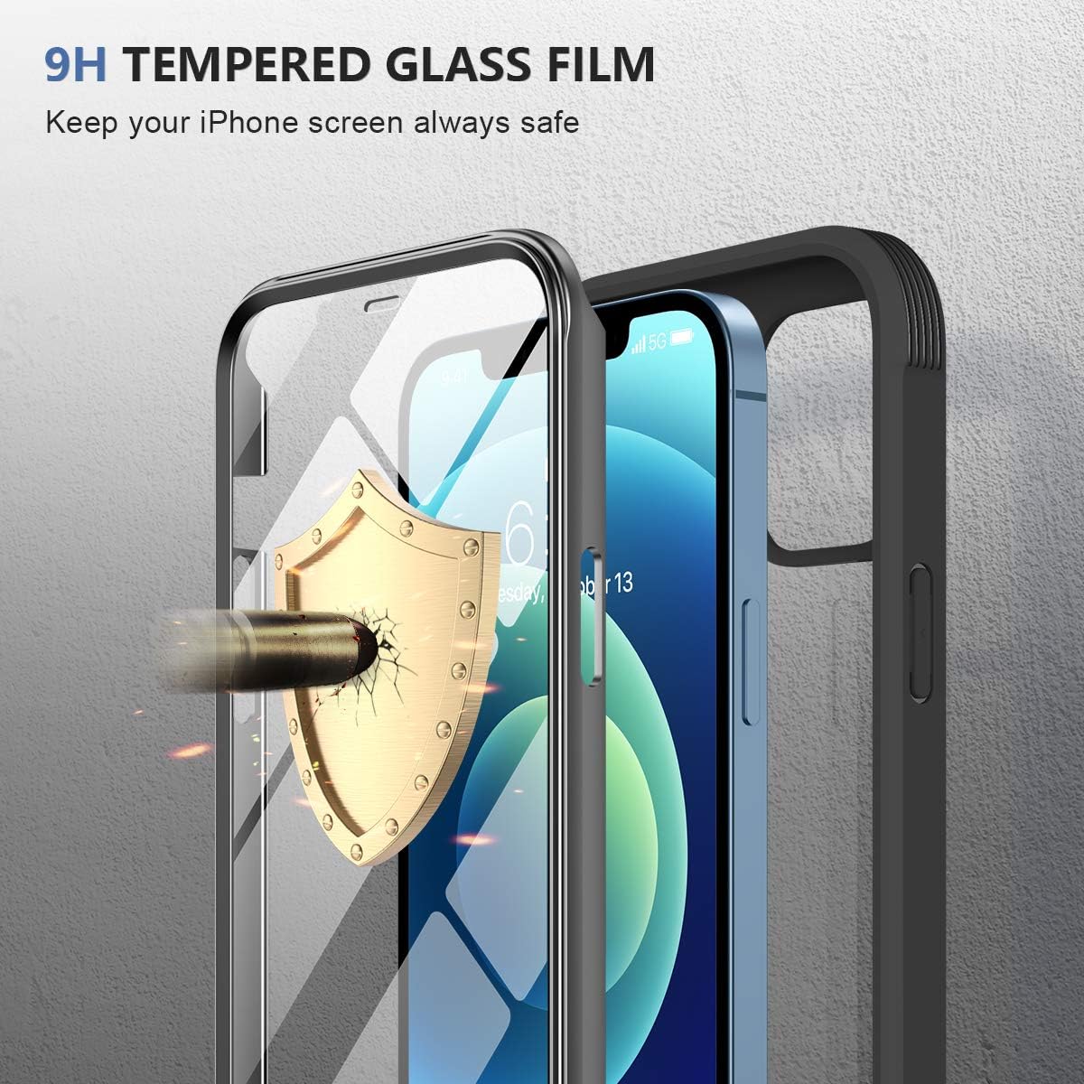 Detalle de Miracase iPhone 12 / 12 Pro 6.1-inch Case with Built-in Tempered Glass Screen Protector (Full Body, Black)