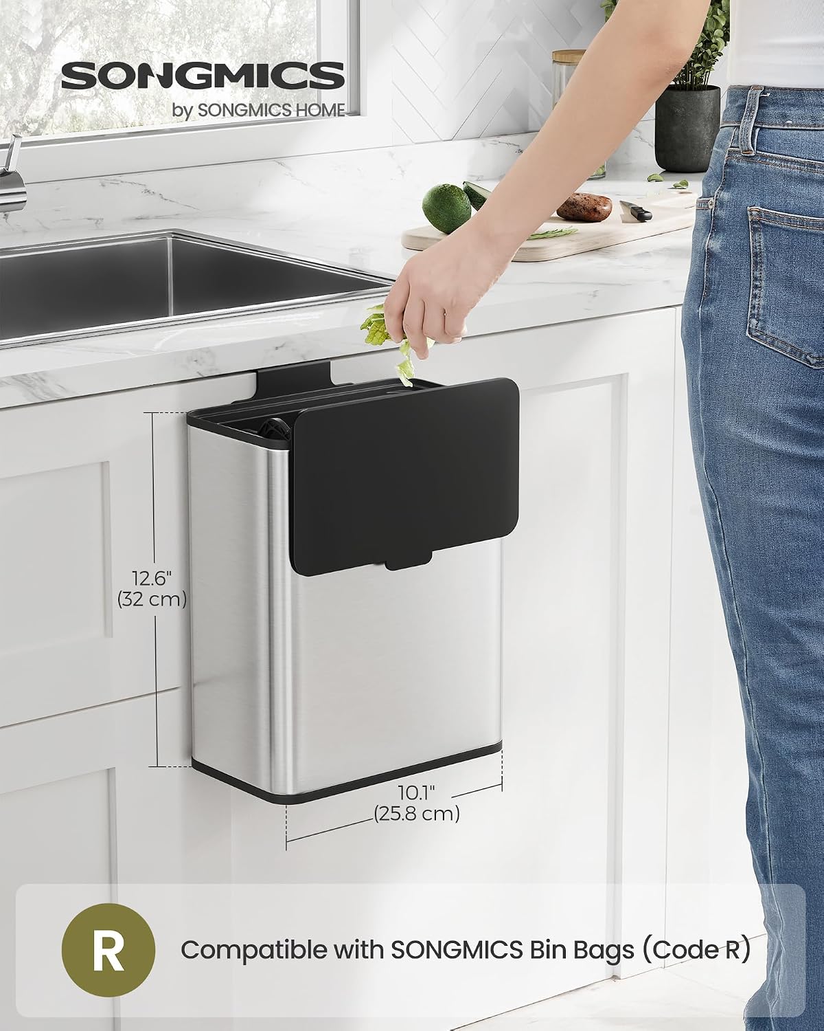 Detalle de SONGMICS LTB810E08 8L Hanging Bin, Stainless Steel, Dual-Opening Lid
