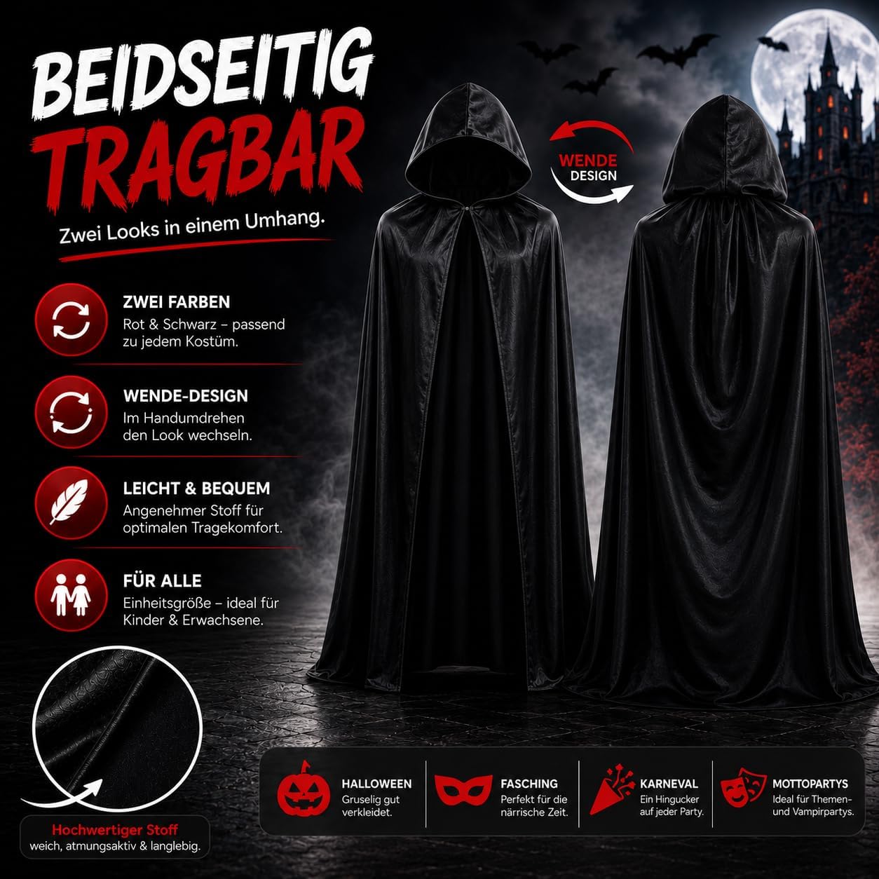 Detalle de Costumed TK349493 – czarna peleryna z kapturem i wiązaniem przy szyi