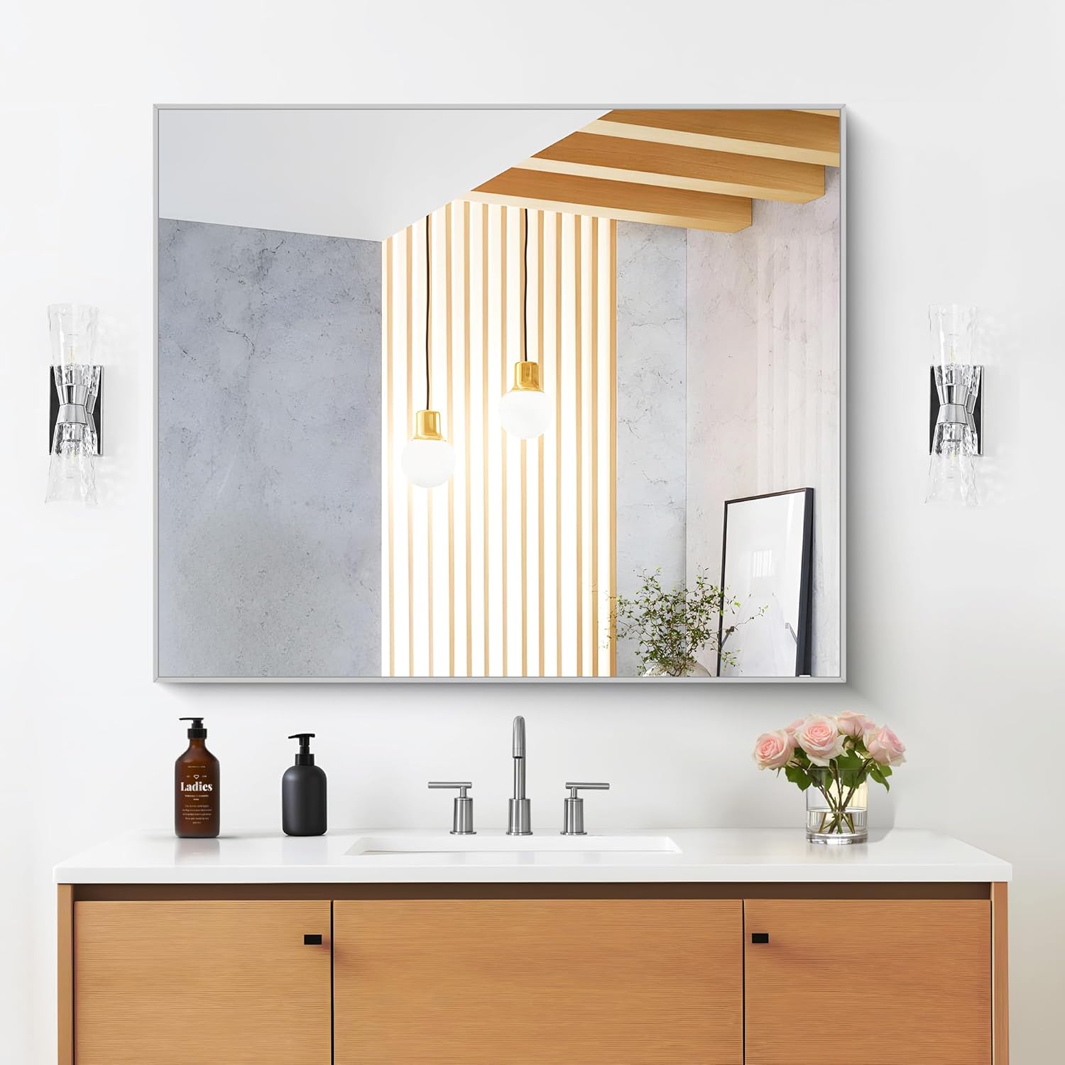 Thumbnail 1 de DESBING 30" x 30" Bathroom Mirror (Silver Metal Frame, Tempered Glass) — Wall-Mount Rectangle Corner Mirror
