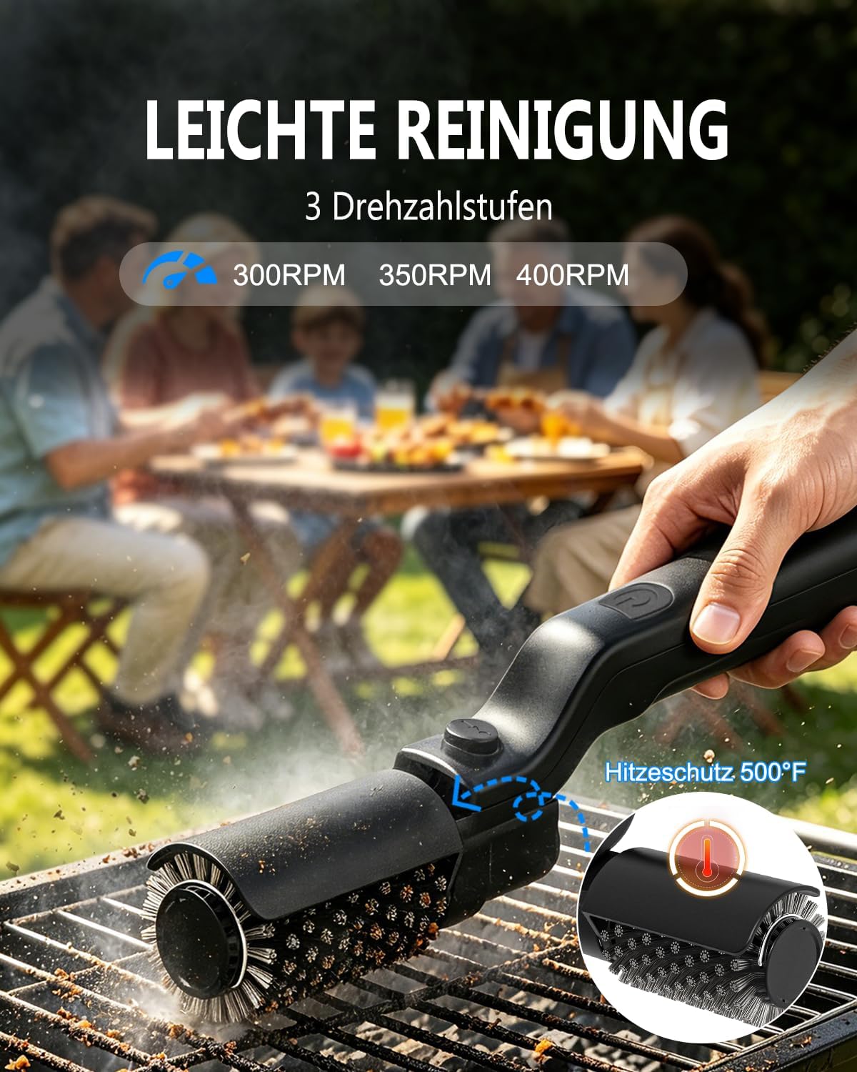 Detalle de Elektrische Grillbürste mit 180° Verstellung – wiederaufladbar, 90 Min Laufzeit, Edelstahl-Aufsätze, IPX7