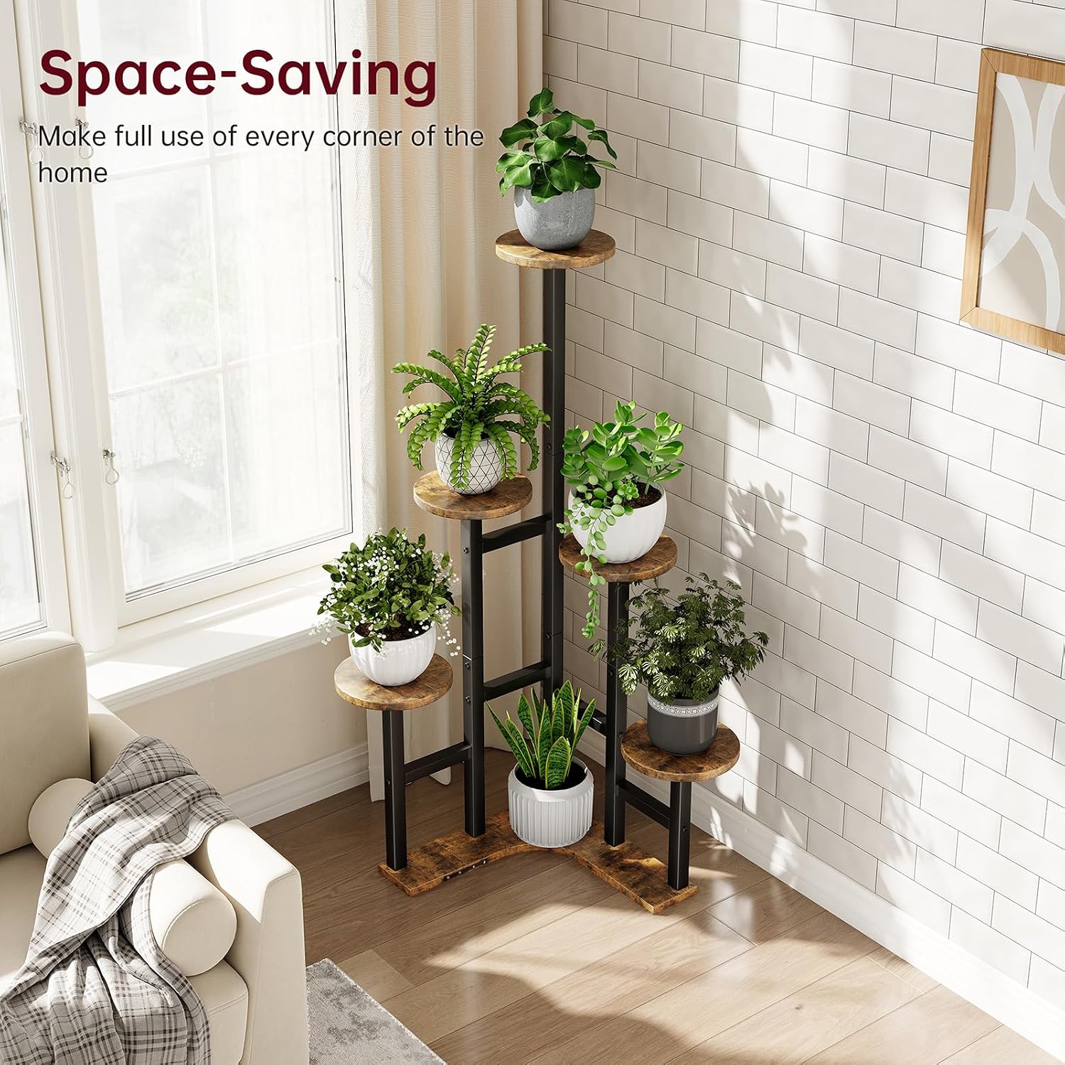 Thumbnail 5 de Yzosvki 6-Tier Corner Plant Stand with Grow Lights, Rustic Brown