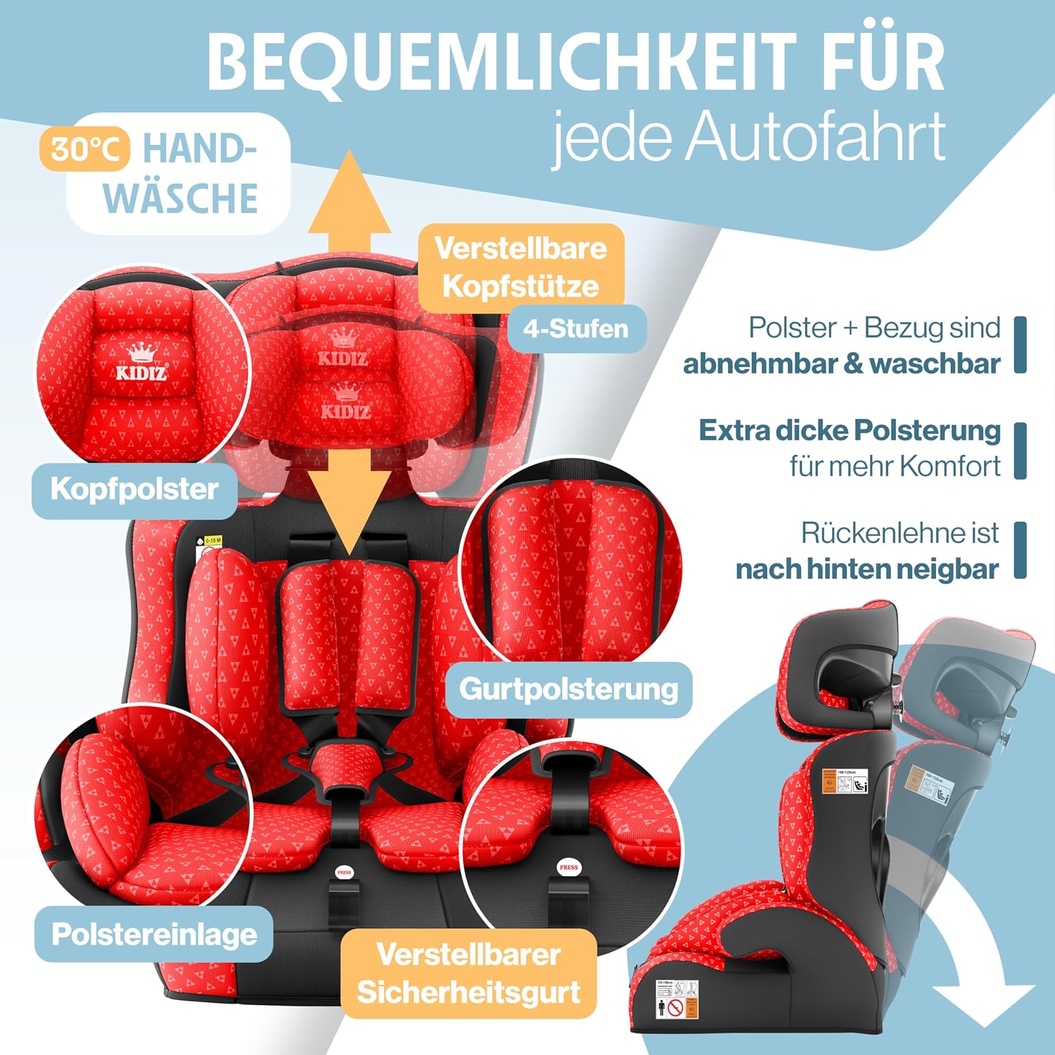 Thumbnail 5 de KIDIZ Autokindersitz i-Size R129 100–150 cm (bis 12 Jahre) – Kinderautositz Gruppe 1/2/3 ohne ISOFIX, mit 5-Punkt-Gurt und höhenverstellbarer Kopfstütze