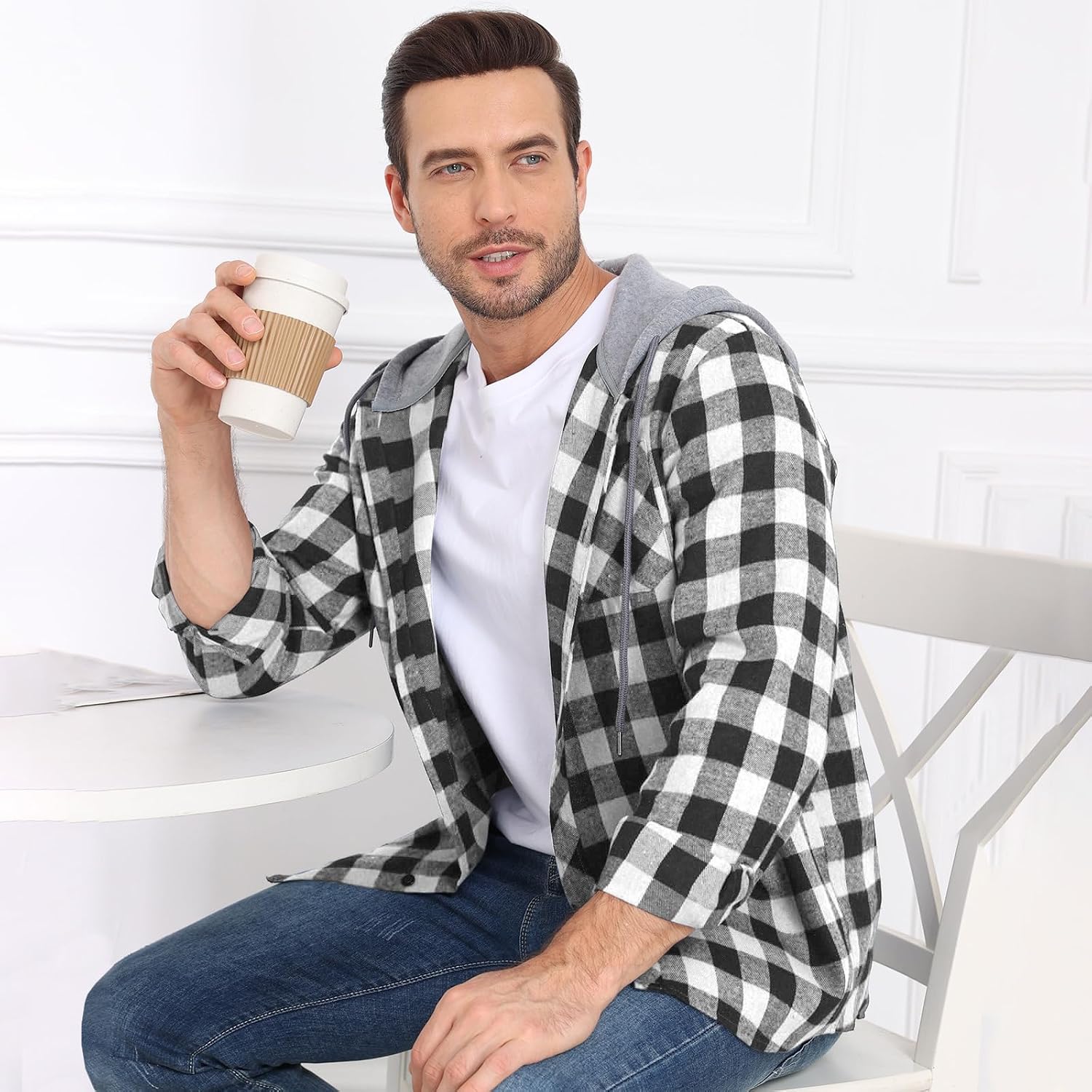 Detalle de CTU Men's Lightweight Checked Shirt Jacket with Hood and Pocket