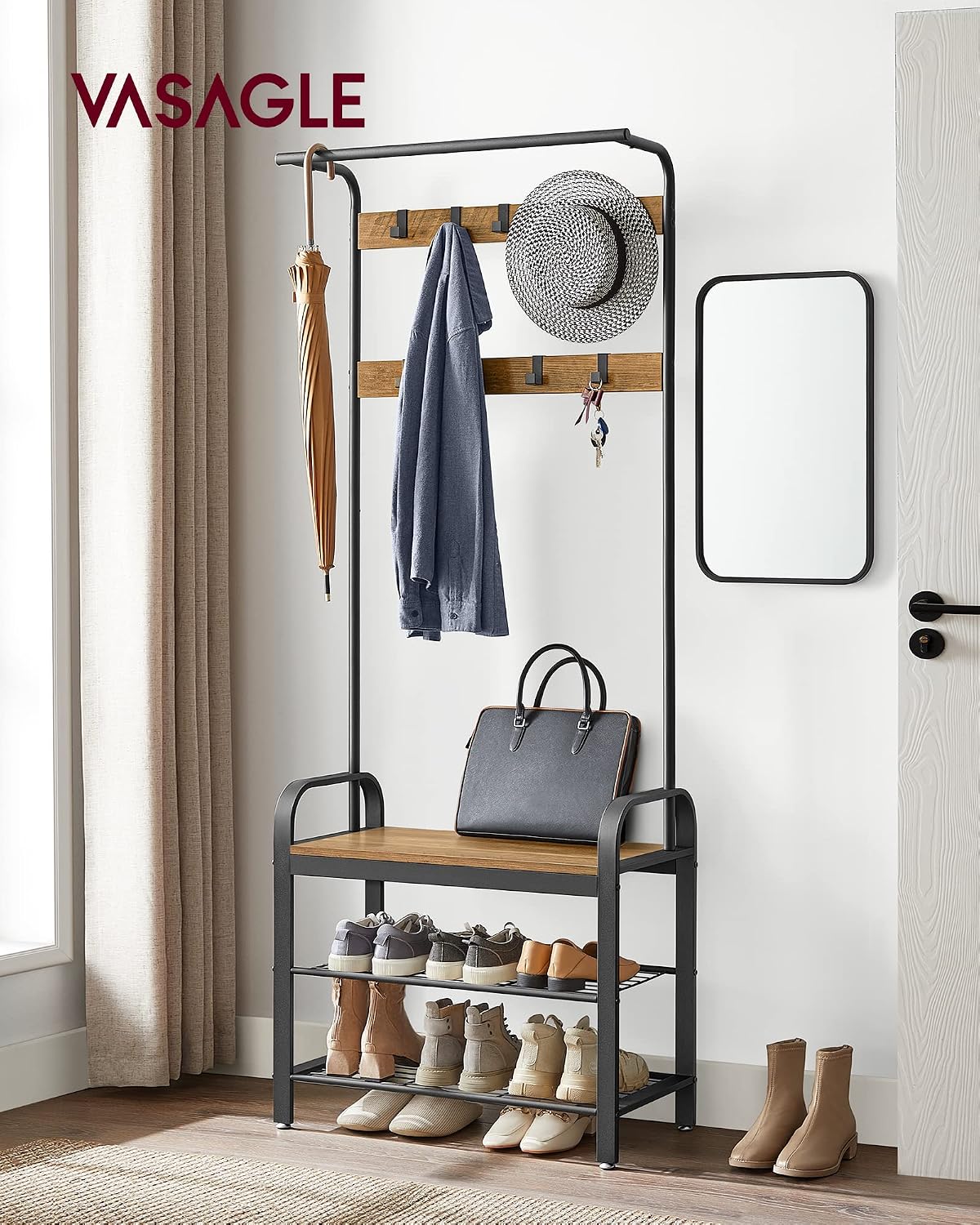 Detalle 2 de VASAGLE Appendiabiti con scarpiera e panca HSR040B41, 4 in 1 per ingresso con 9 ganci rimovibili