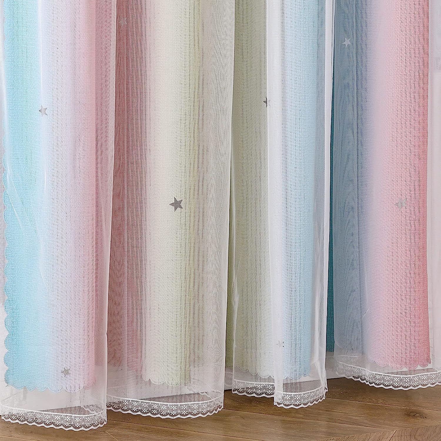 Thumbnail 3 de KAHEAUM Blackout Curtains for Bedroom & Living Room (2 Panels) – White Voile Net Thermal Blackout Curtains in Pink & Green