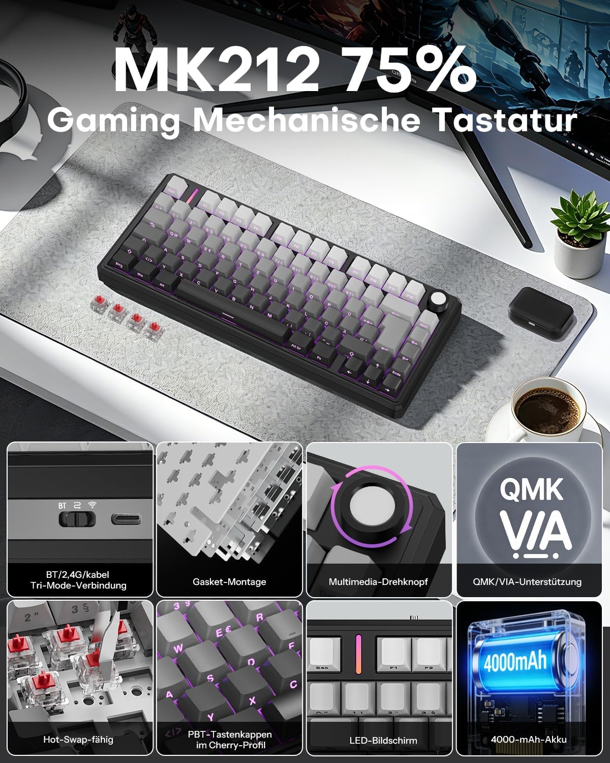 Thumbnail 1 de OMOTON 75% Mechanische Gaming Tastatur Kabellos mit QWERTZ ISO, Hot-Swap, QMK VIA, 4000mAh Akku – MK212